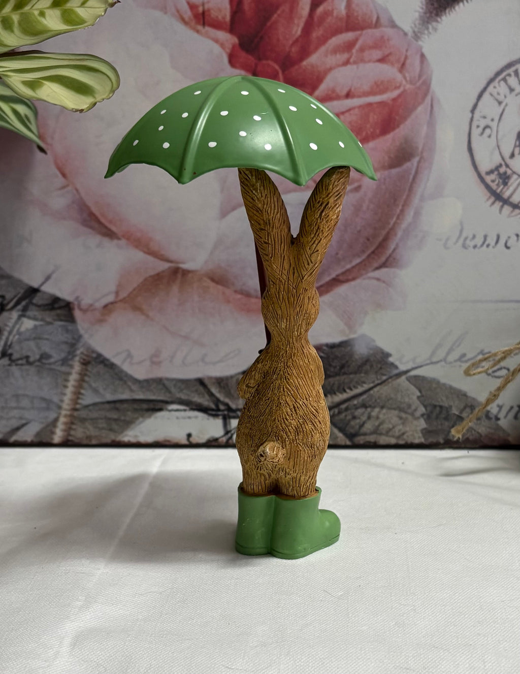 Standing Brown Bunny Rabbit with Green Umbrella Figure Ornament