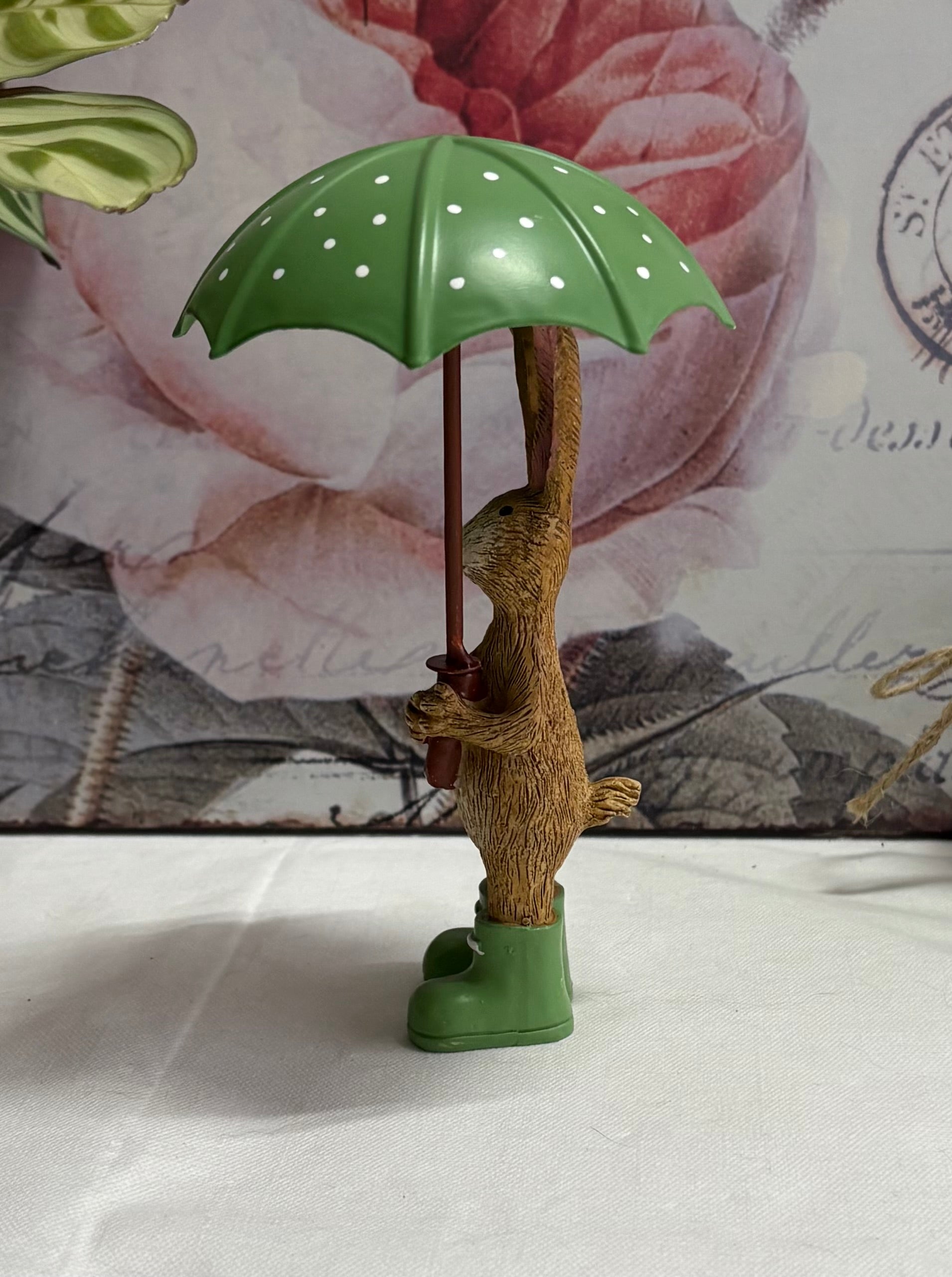 Standing Brown Bunny Rabbit with Green Umbrella Figure Ornament
