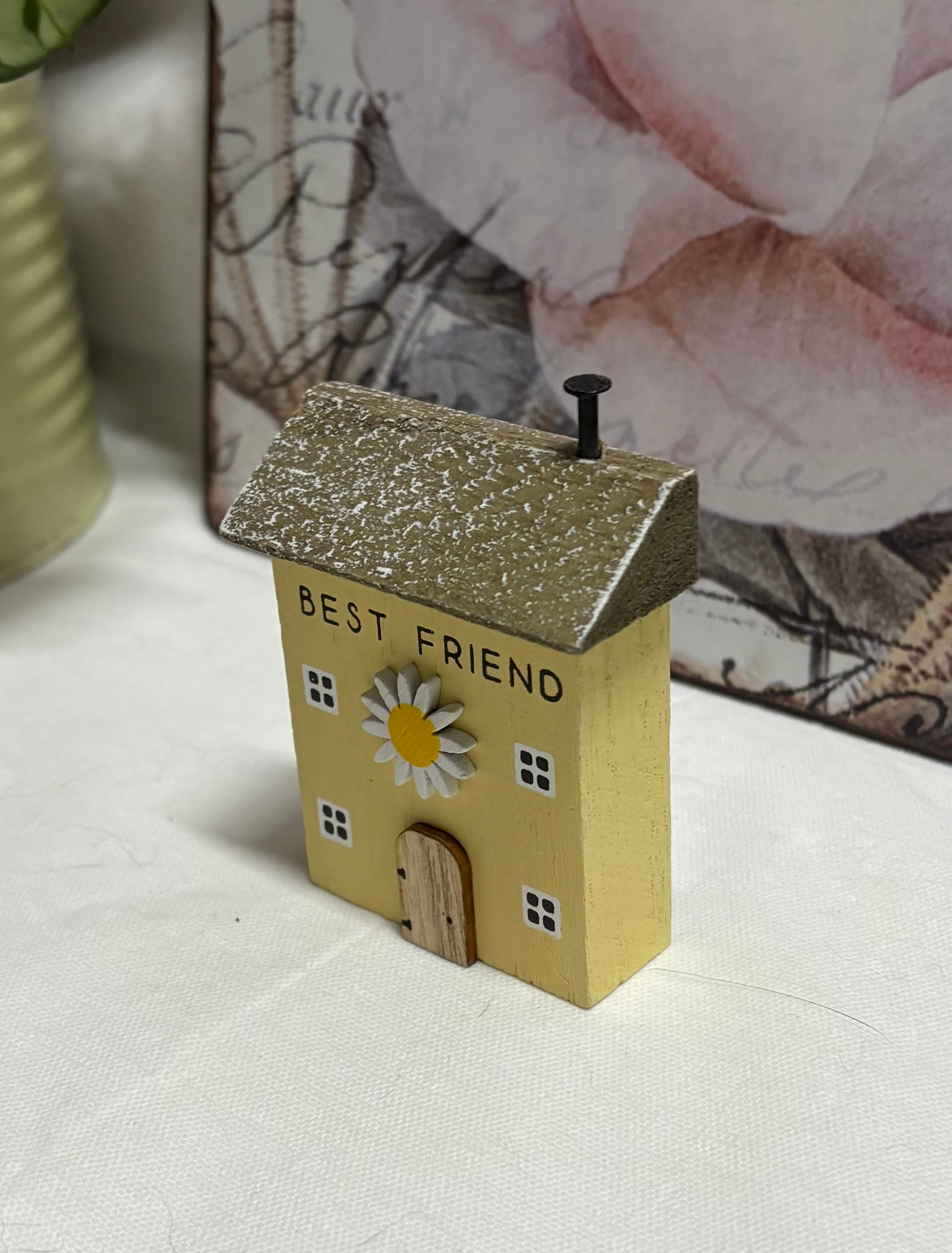 Yellow 'Best Friend' Wooden House Ornament, 8.5cm