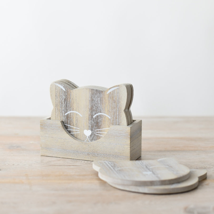 6 x Cat Face Coasters with Wooden Box, 12cm