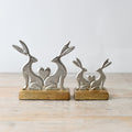 Small Metal Rabbits Hare Bunnies with Heart on Wooden Base Ornament - 2 Sizes