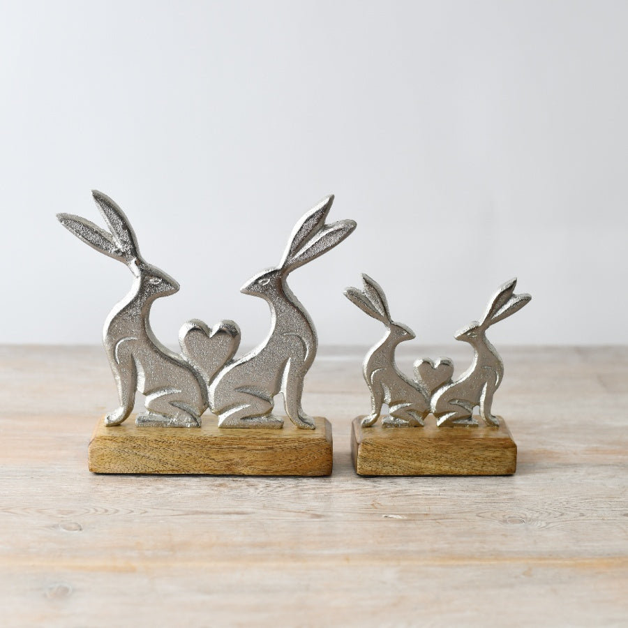 Small Metal Rabbits Hare Bunnies with Heart on Wooden Base Ornament - 2 Sizes