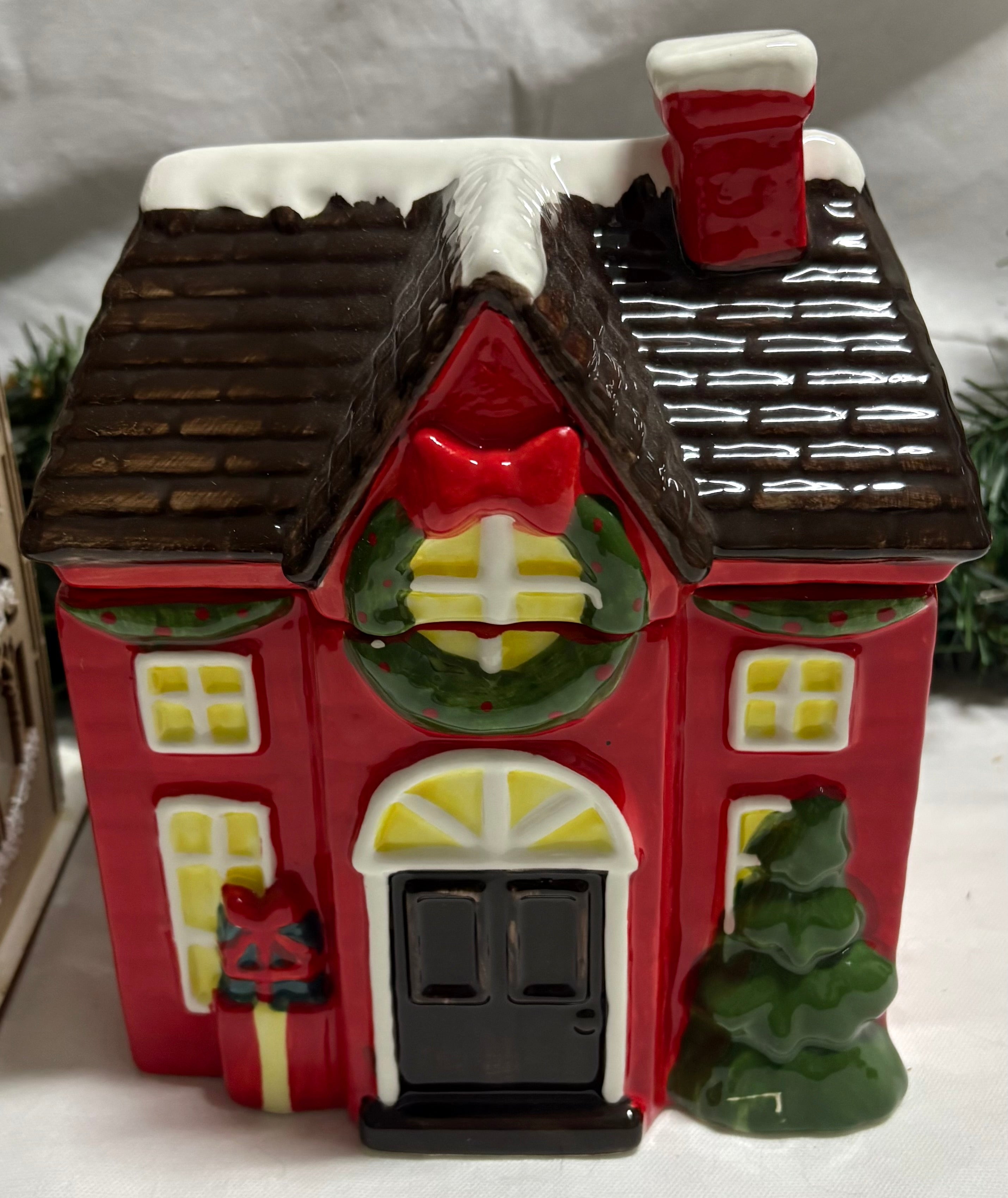 Red & Green Christmas Ceramic House Cookie Jar