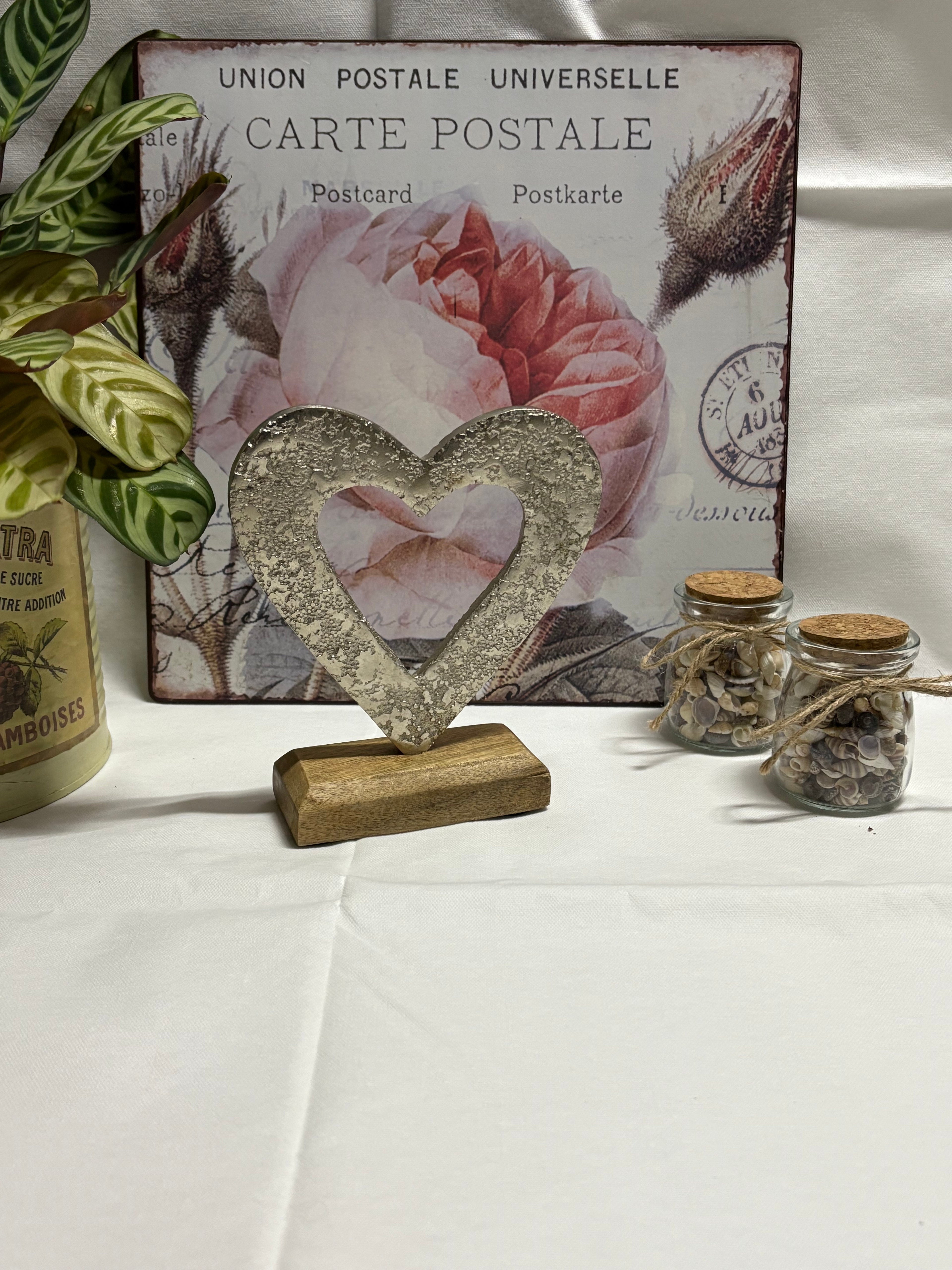 Hammered Metal Heart on Wooden Block Ornament