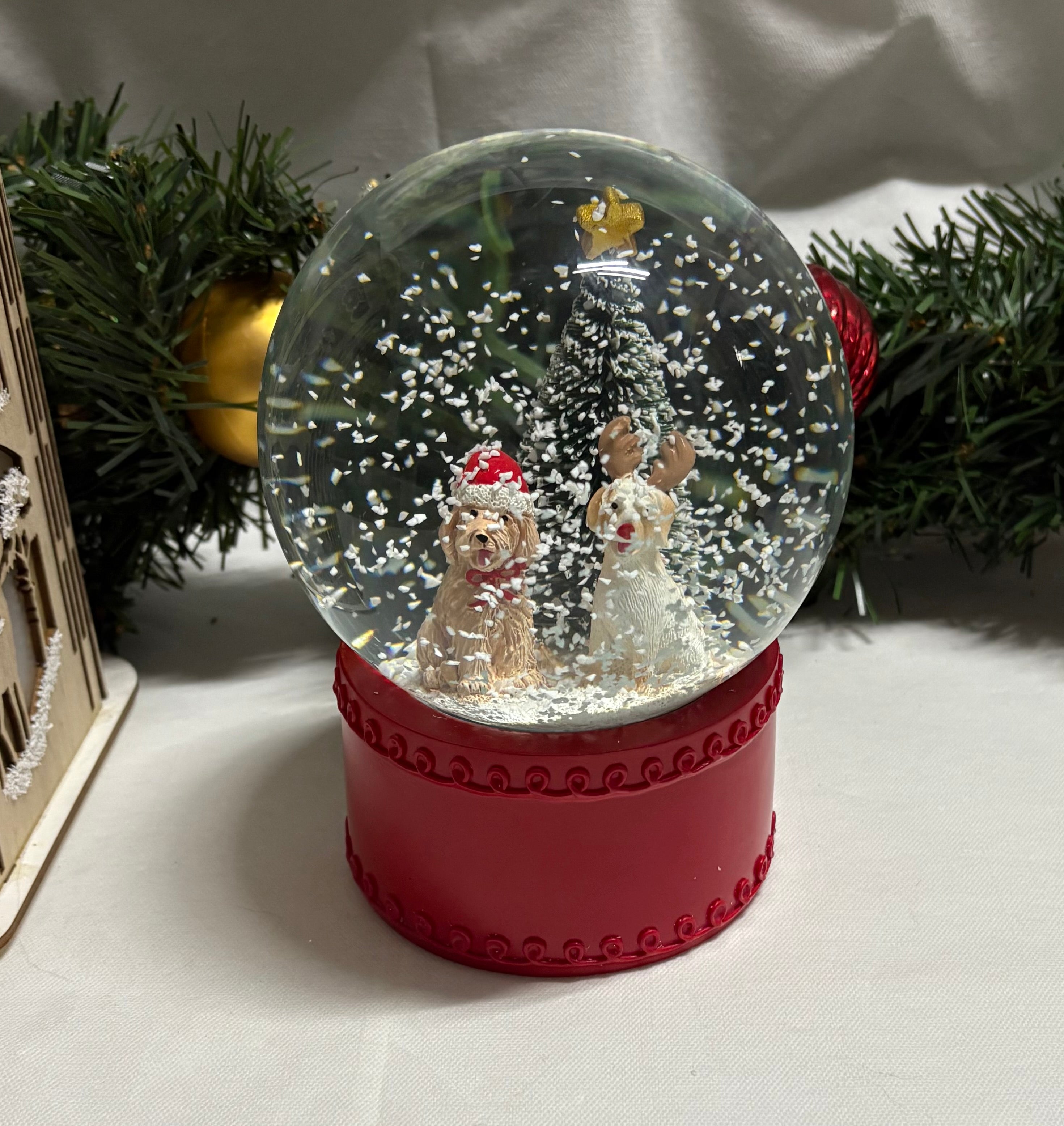 Beautiful Medium Sized Dogs & Tree Snow Globe with Red Base