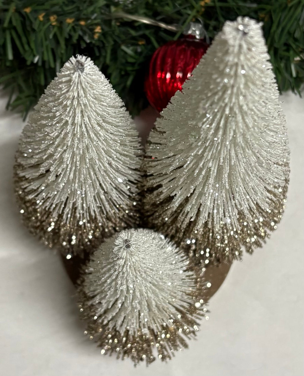 Gold & White Glitter Bottle Brush Tree Trio on Stand