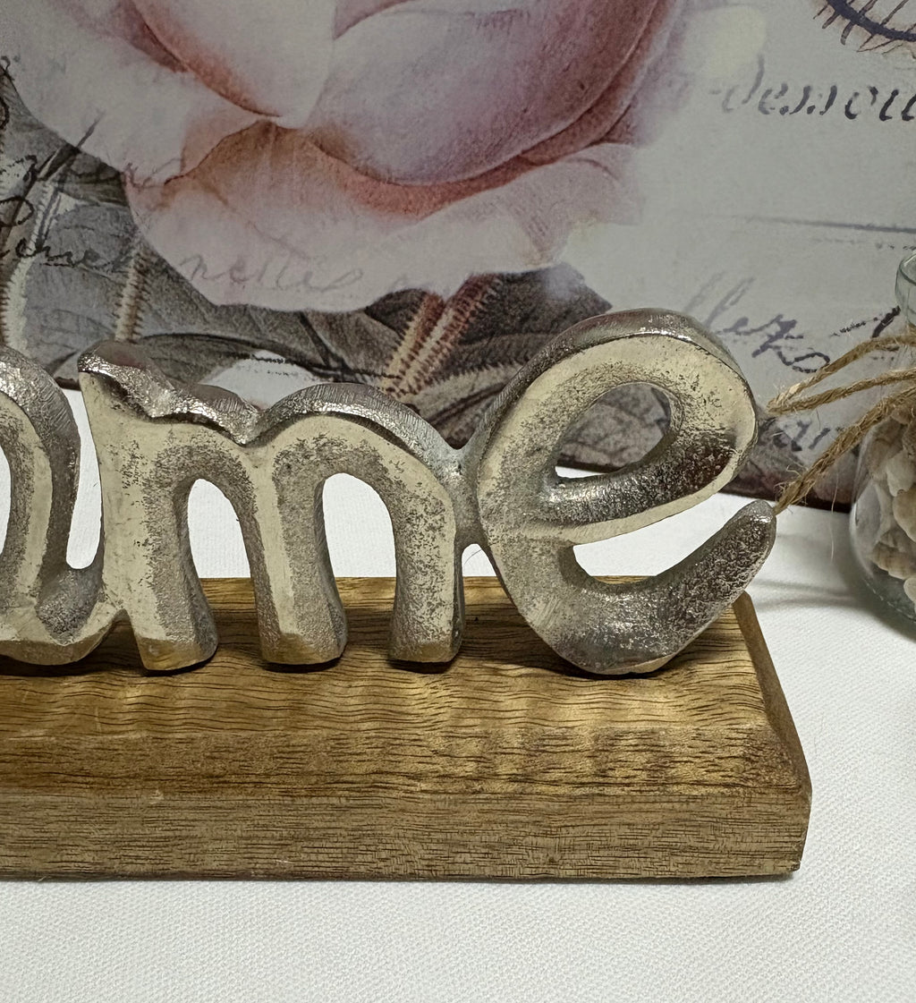 Welcome Metal Sign on Wooden Base