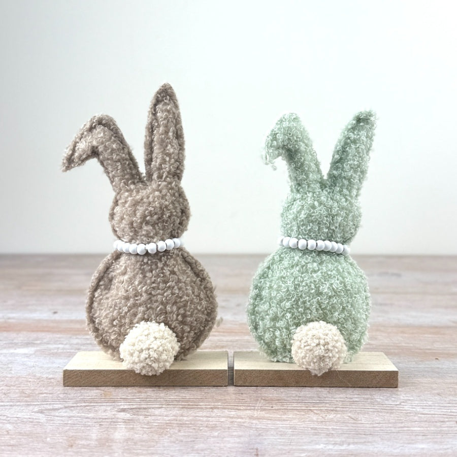 Pair of Sherpa Green And Brown Rabbits on Wooden Base, 17cm