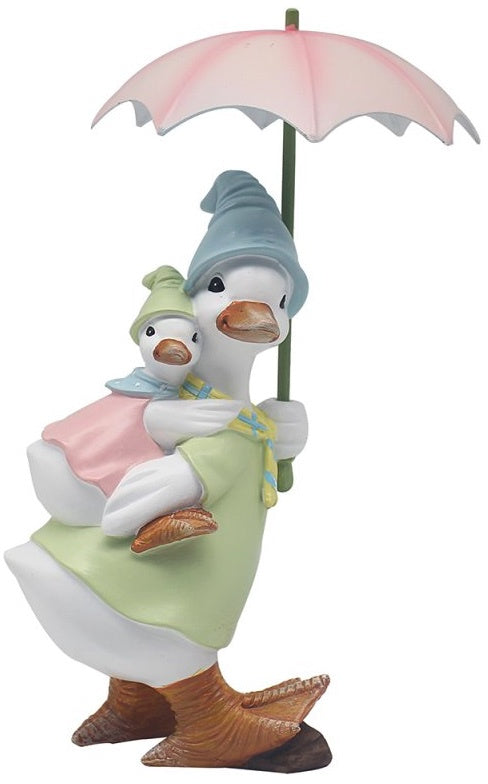 Rainy Duck With Baby and Umbrella Figurine, 12cm