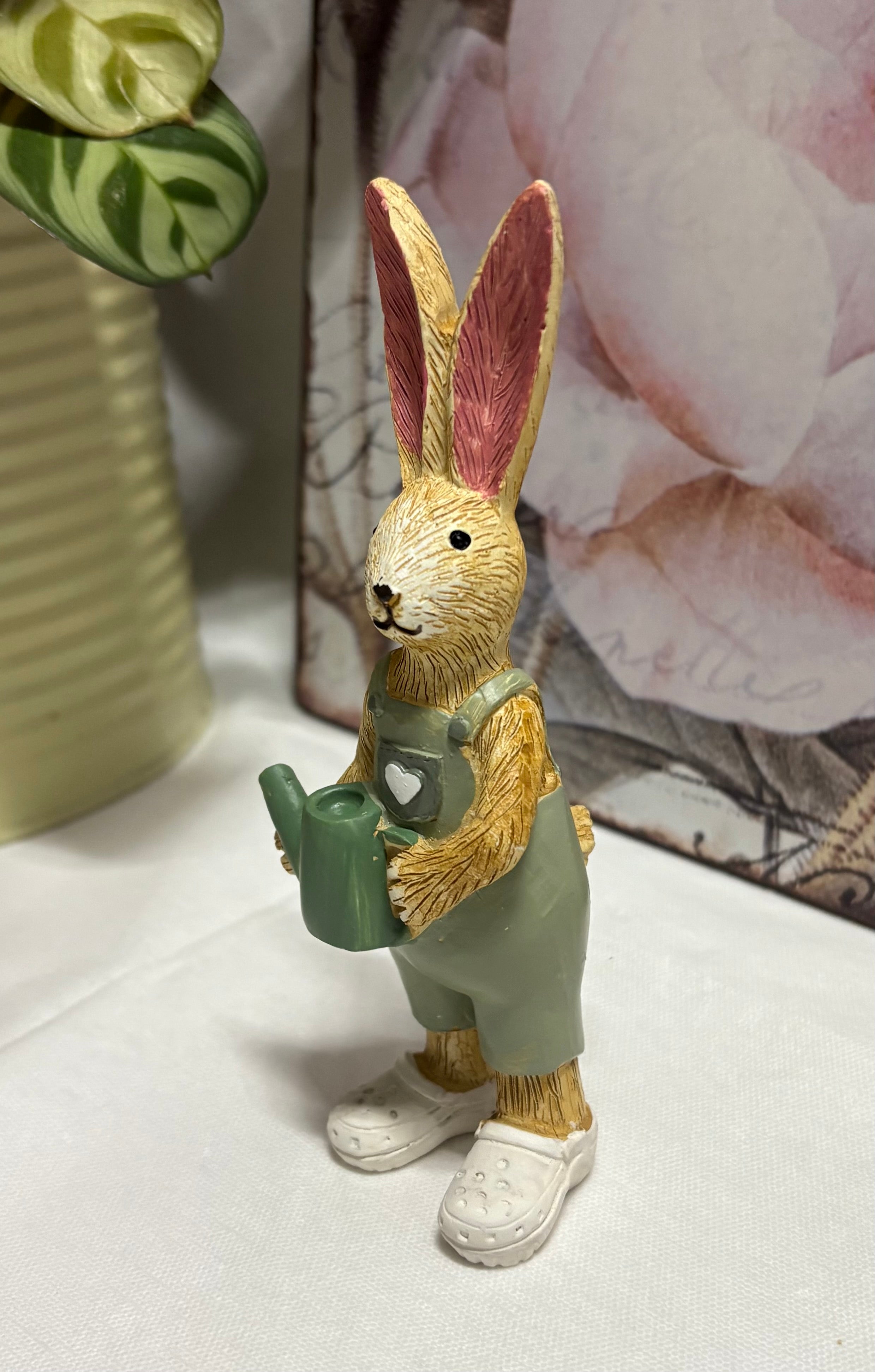 Hand Painted Watering Can Bunny Resin Figure