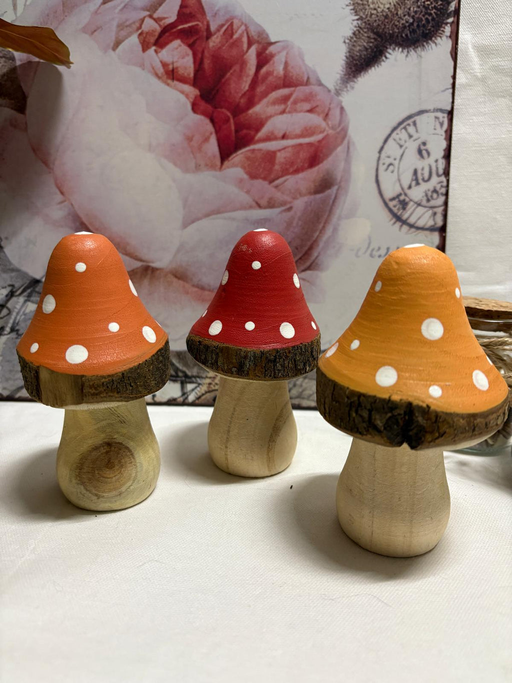 Set of 3 x Colourful Wooden Mushrooms, 10cm - 3 Colours