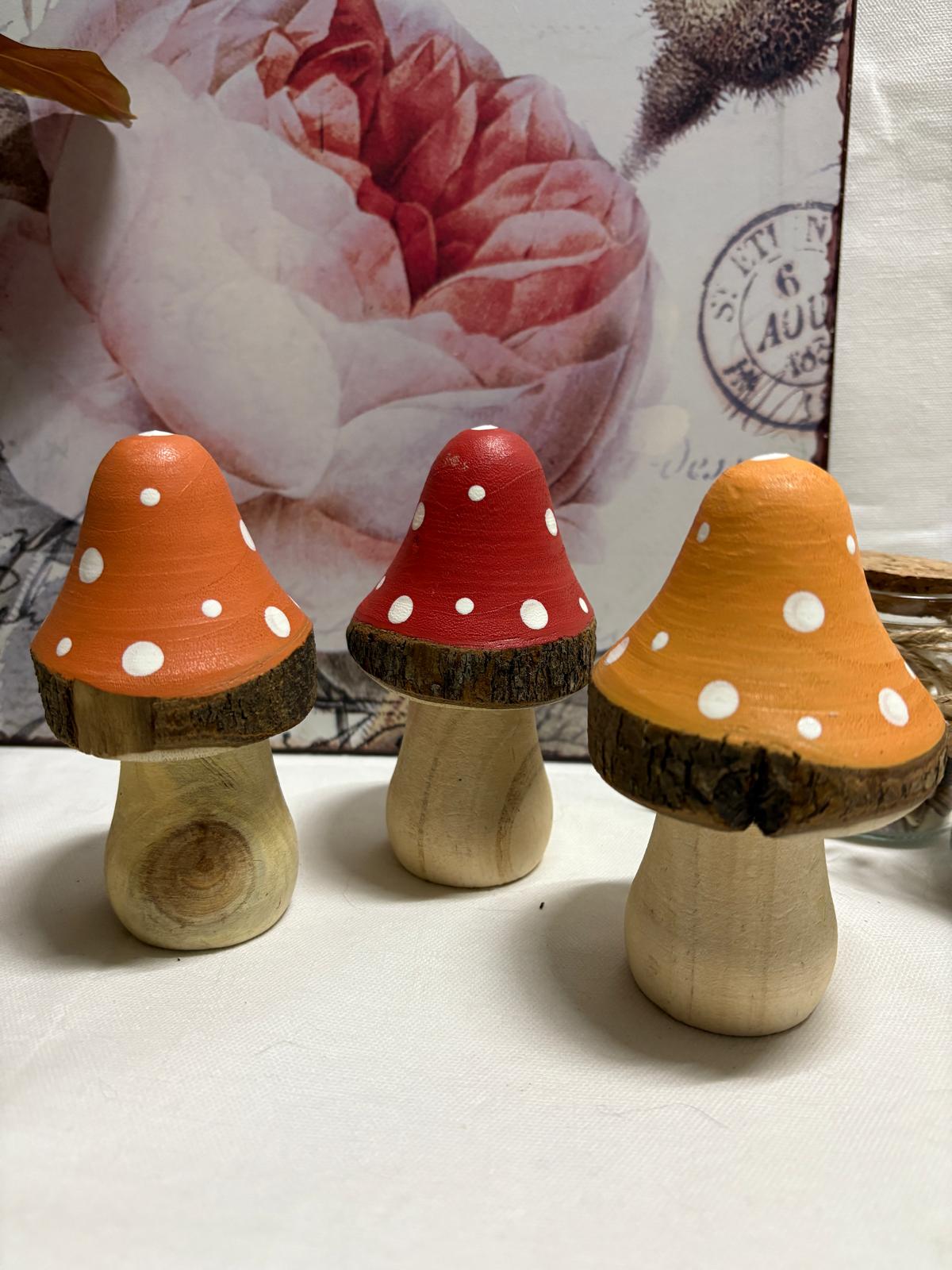 Set of 3 x Colourful Wooden Mushrooms, 10cm - 3 Colours