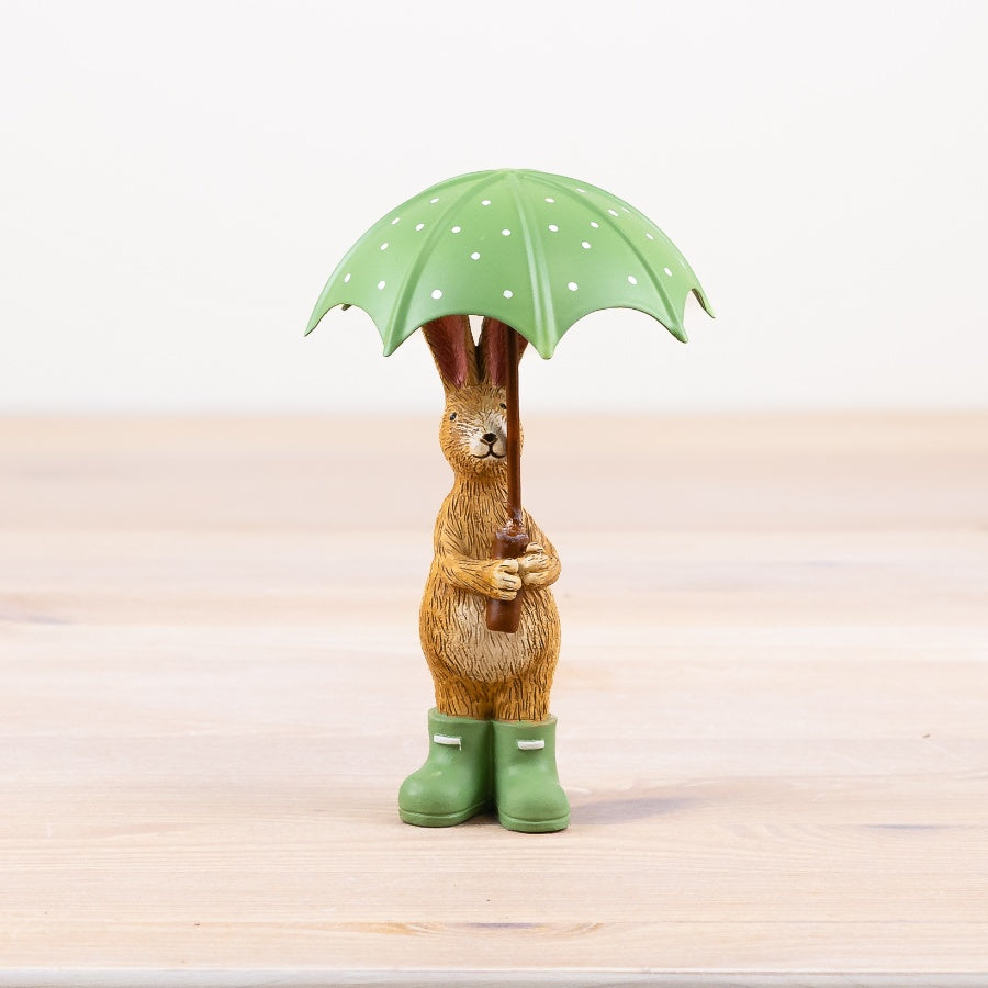 Standing Brown Bunny Rabbit with Green Umbrella Figure Ornament