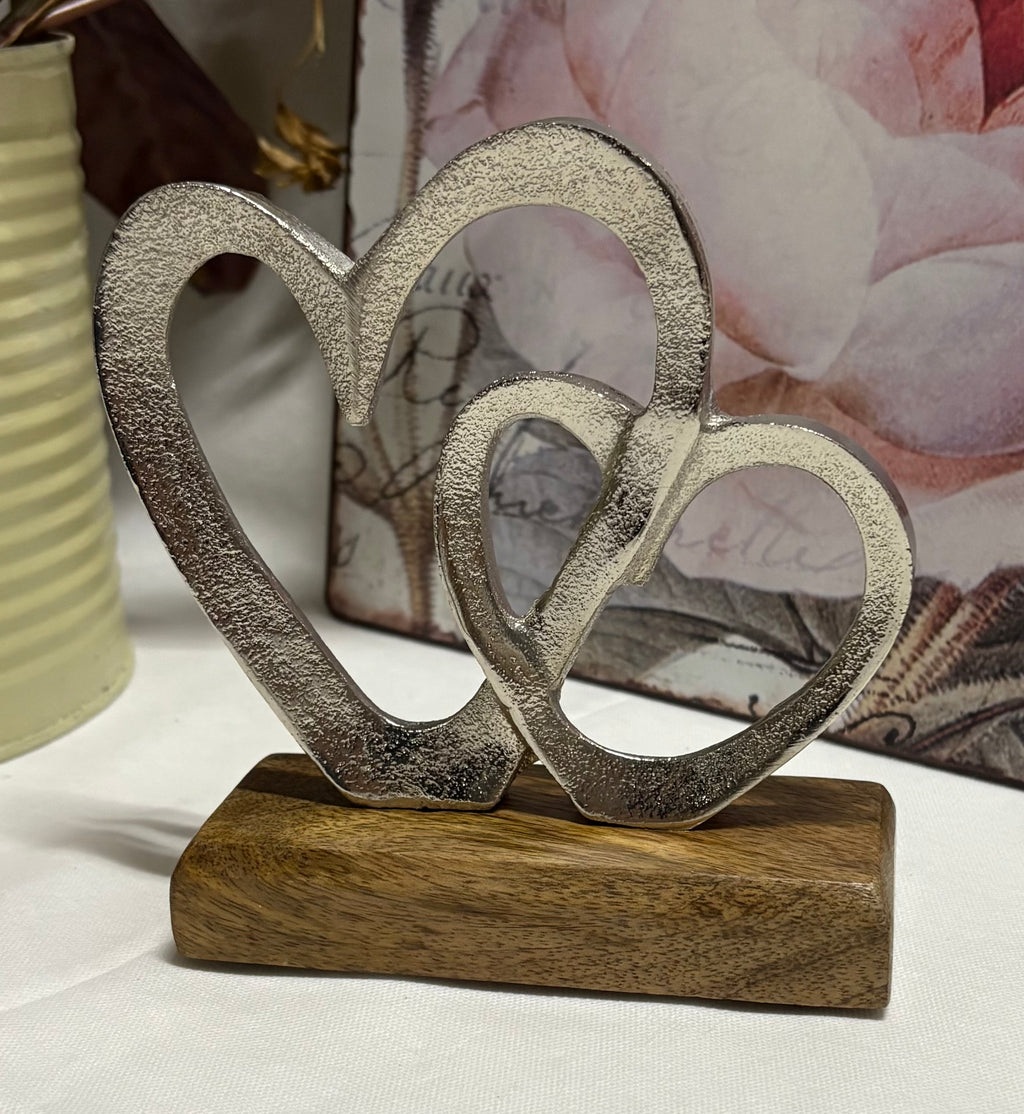 Metal Hearts on Wooden Base Ornament