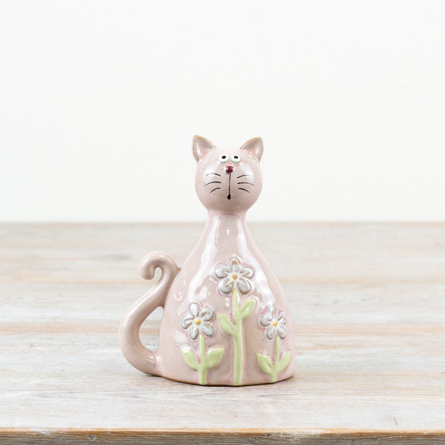 Pink Daisy Cat Ceramic Ornament - 13cm
