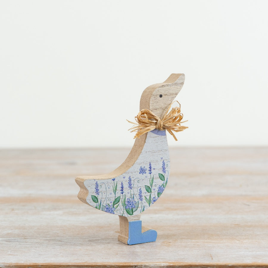 Floral Wooden Duck Ornament - Blue, 15cm