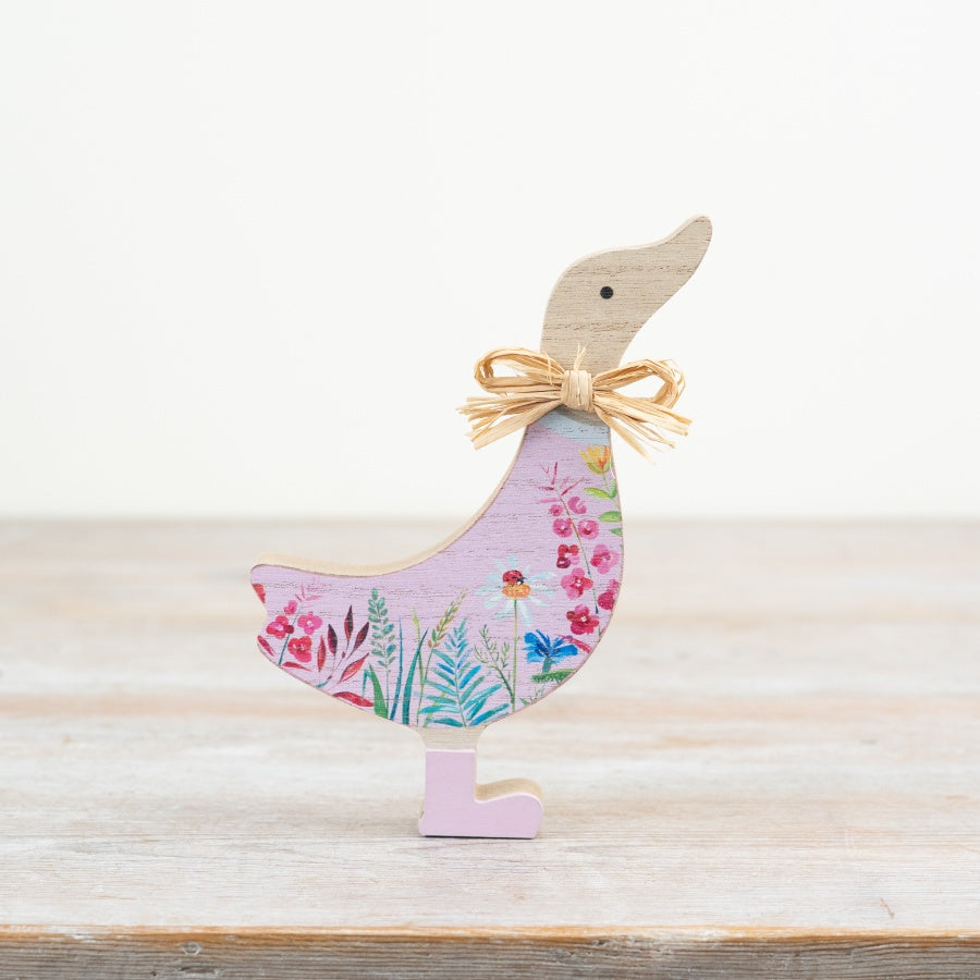 Floral Wooden Duck Ornament - Pink, 15cm