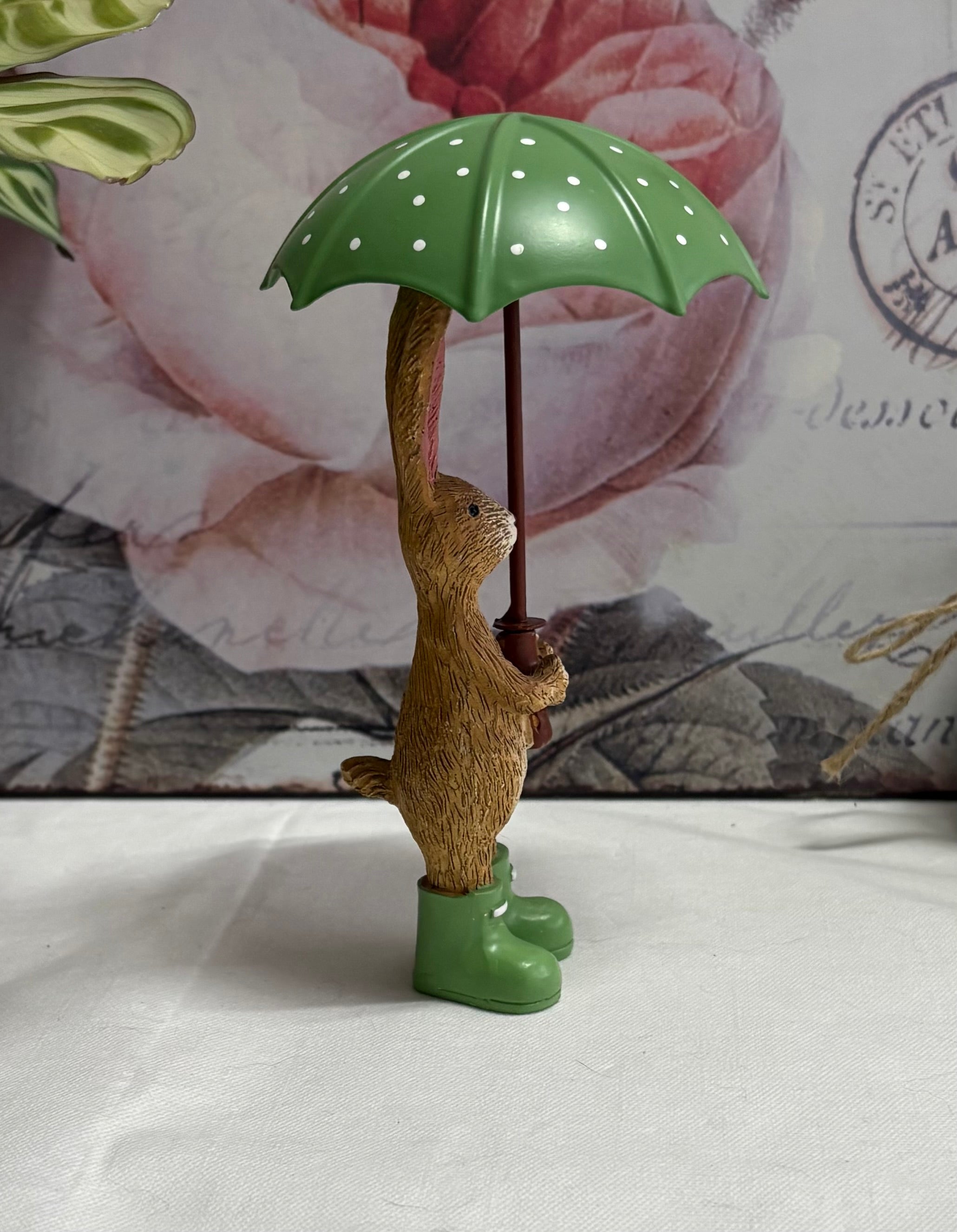 Standing Brown Bunny Rabbit with Green Umbrella Figure Ornament