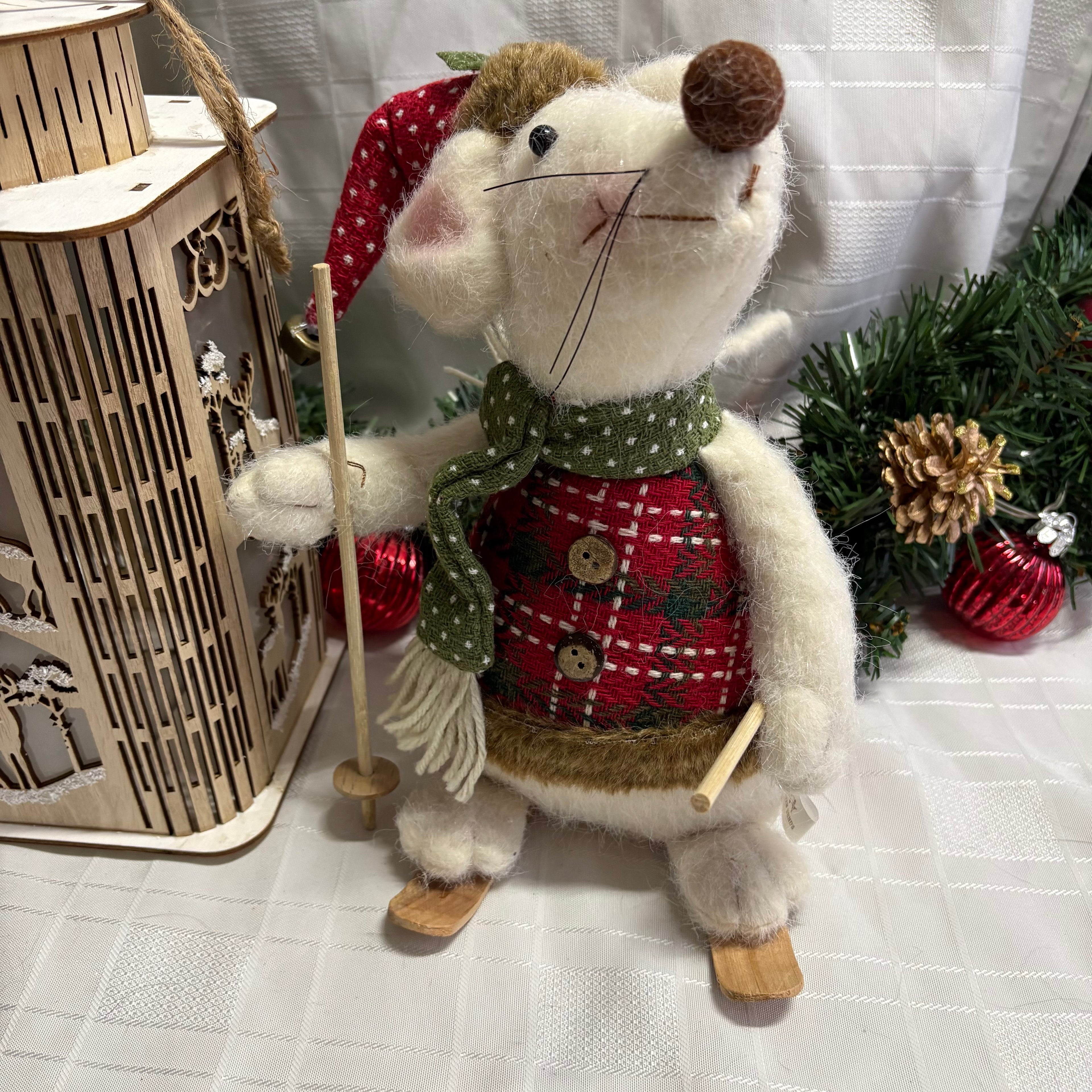 Skiing Mouse Soft Christmas Ornament - Green or Red Scarf