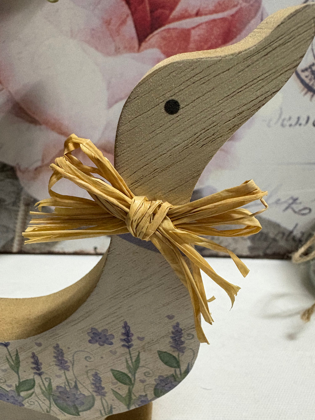 Floral Wooden Duck Ornament - Blue, 15cm