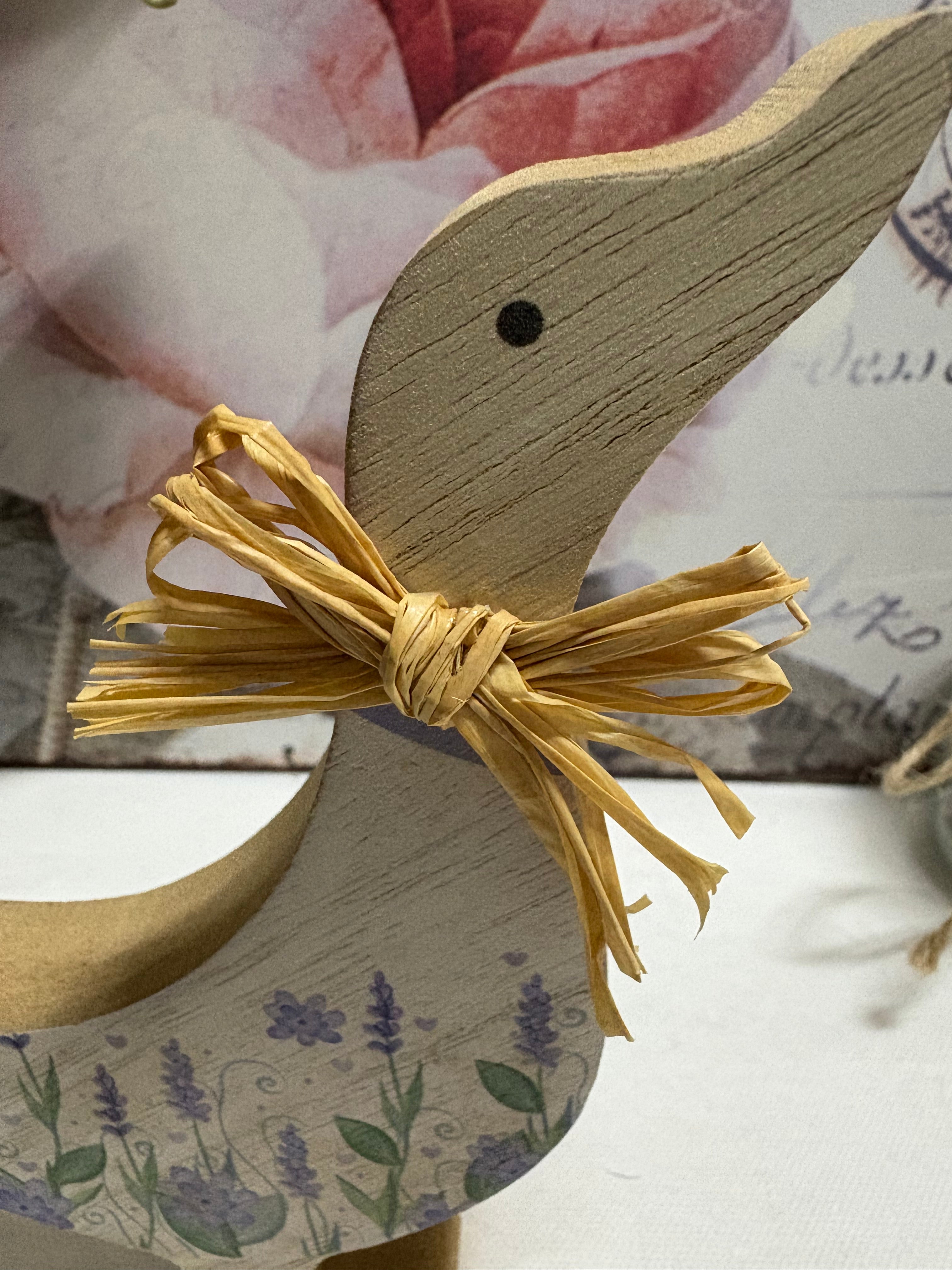 Floral Wooden Duck Ornament - Blue, 15cm