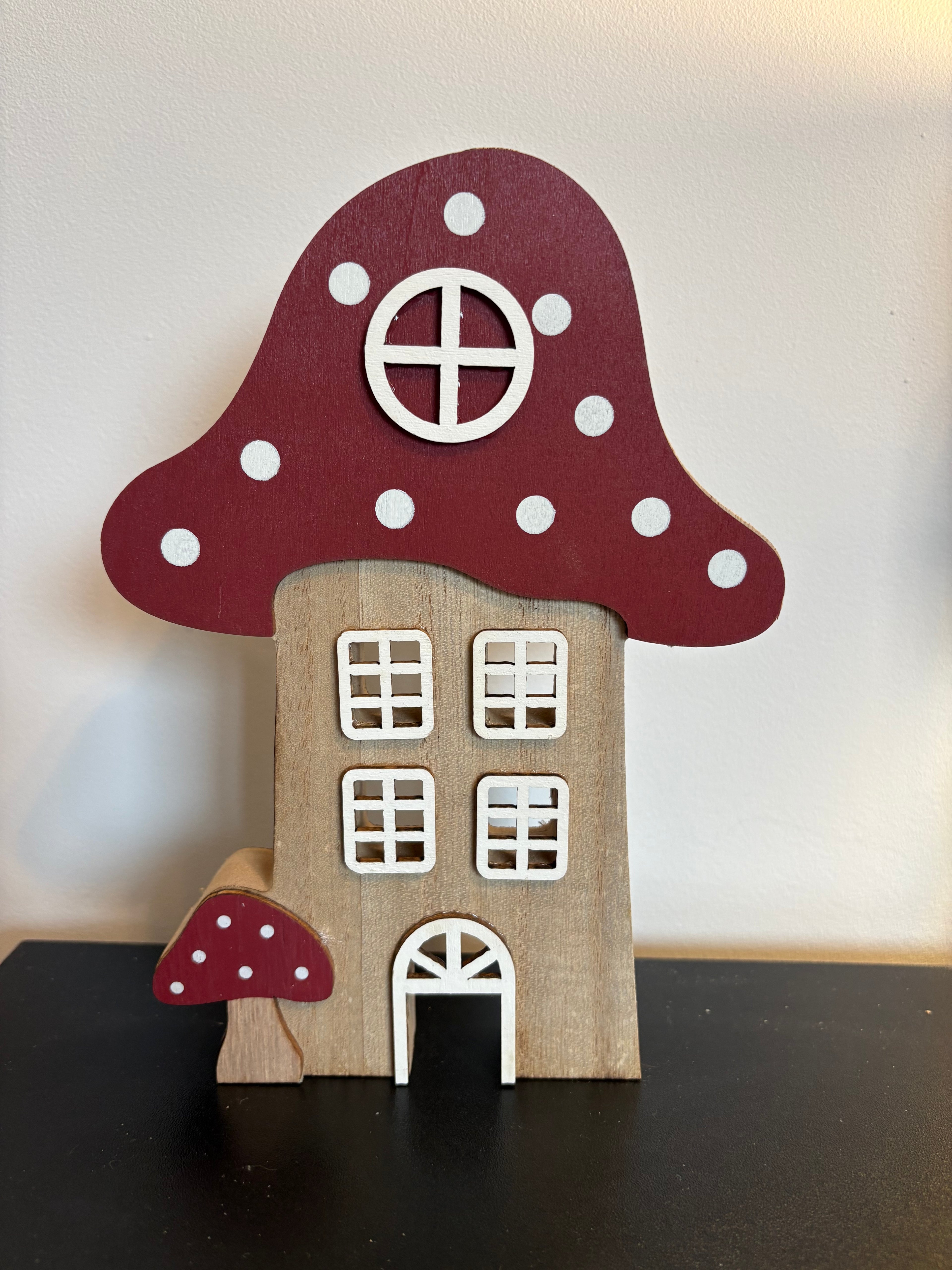 Wooden Mushroom House With Red Roof Ornament