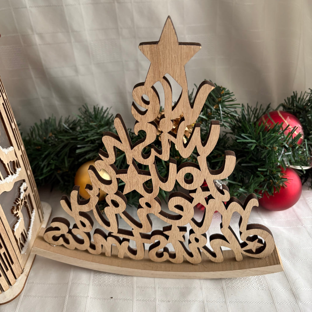 Rocking Silver & White Glitter Merry Christmas Wooden Ornament