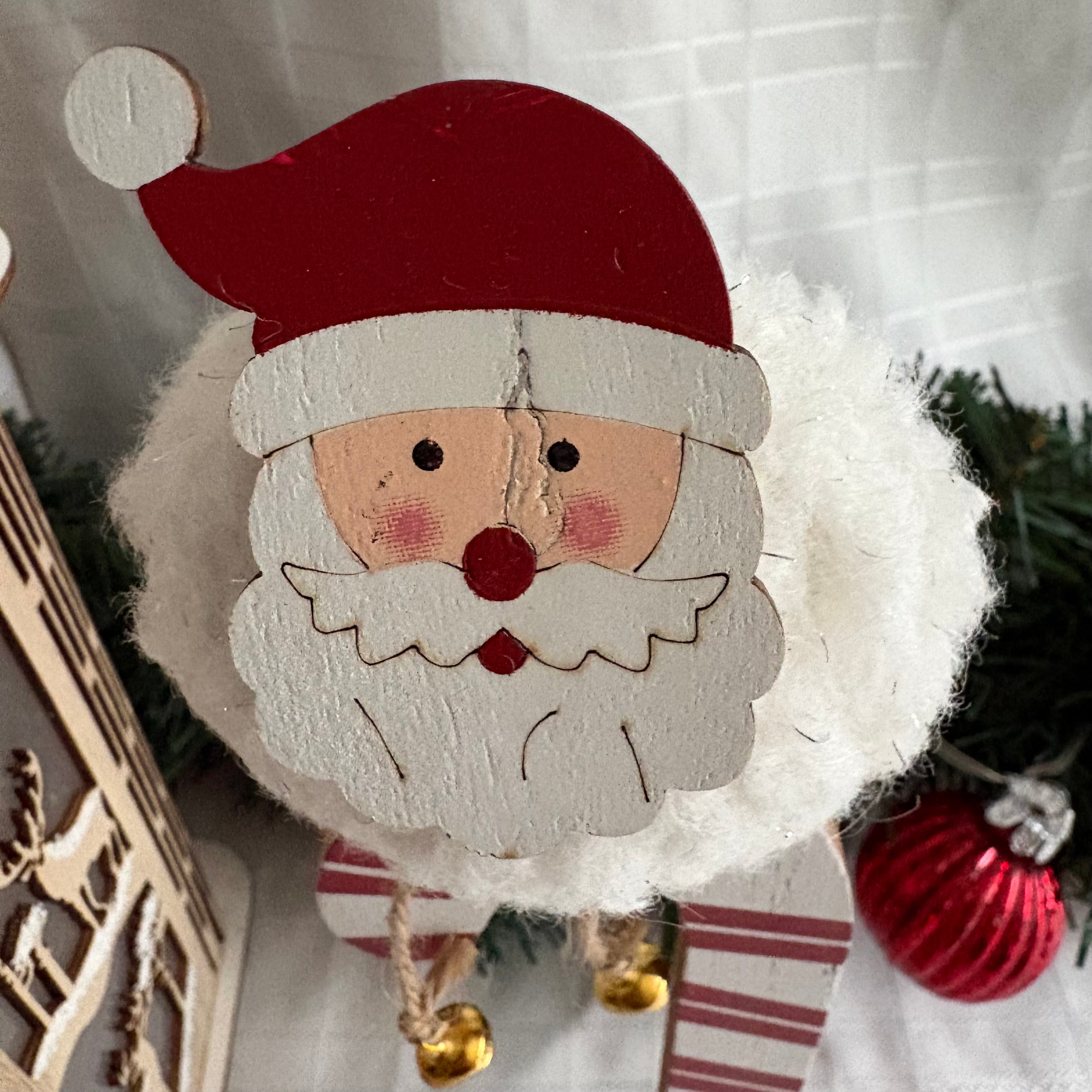 Wooden Candy Cane with Santa & Bells Christmas Ornament