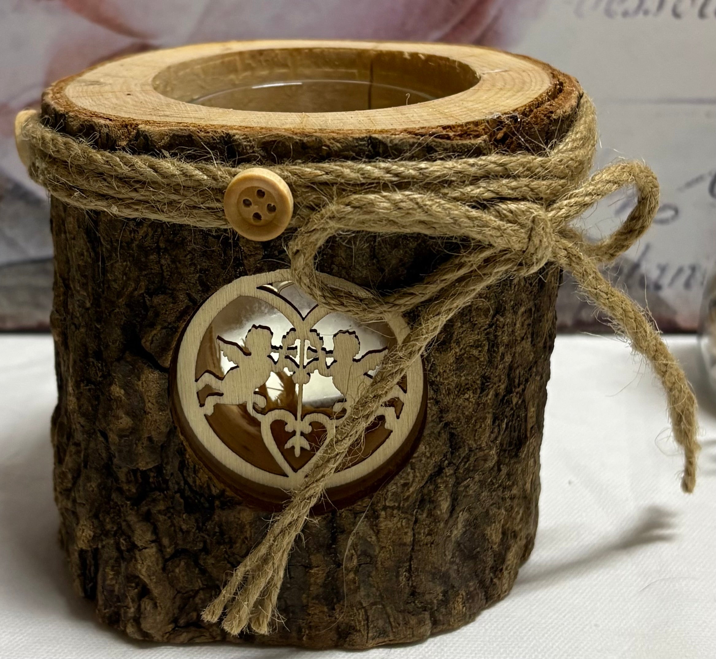 Bark Candle Holder with Deer or Cherub Cutout Design