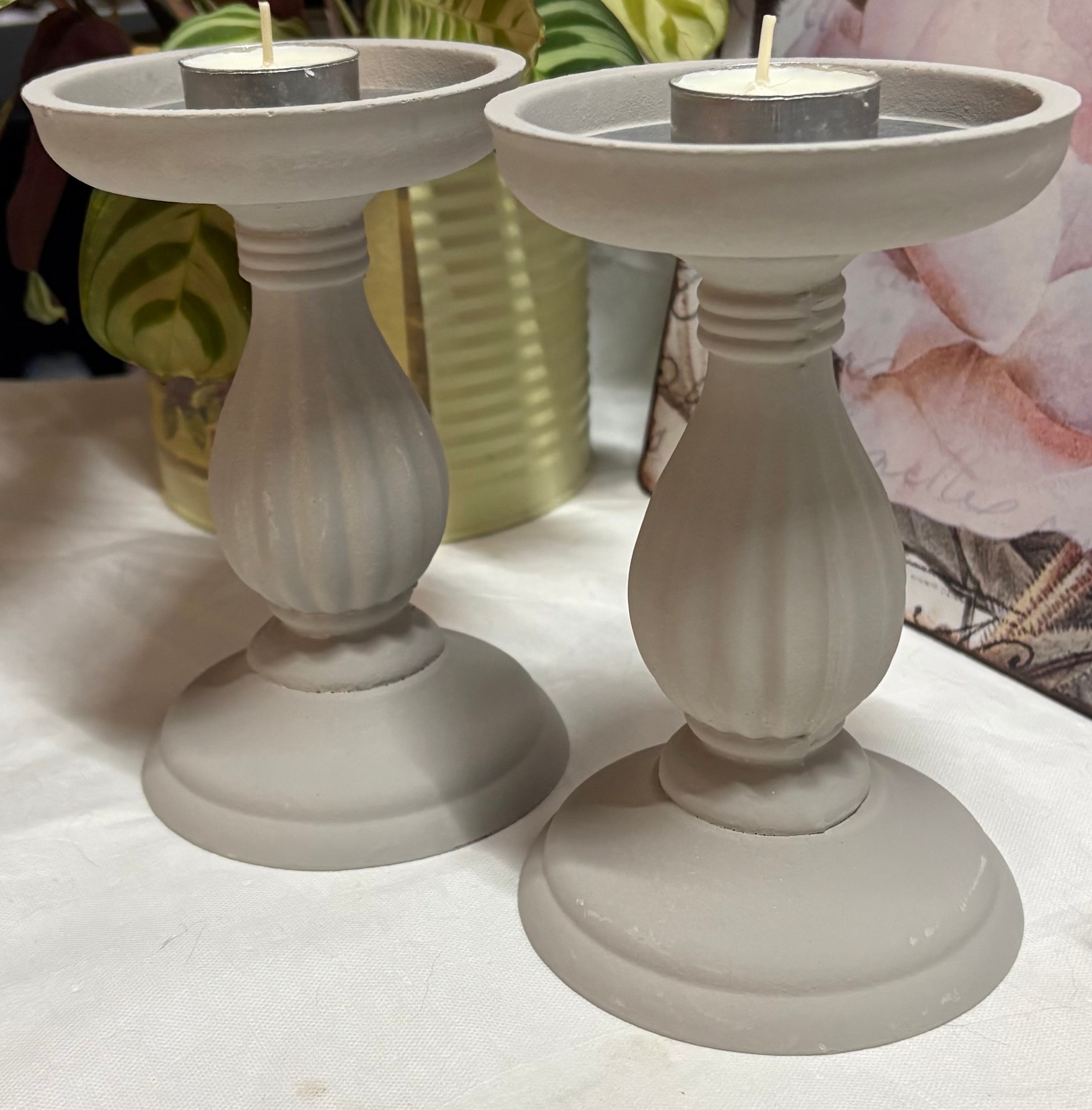 Pair of Ornate Chunky Grey T Light Holders