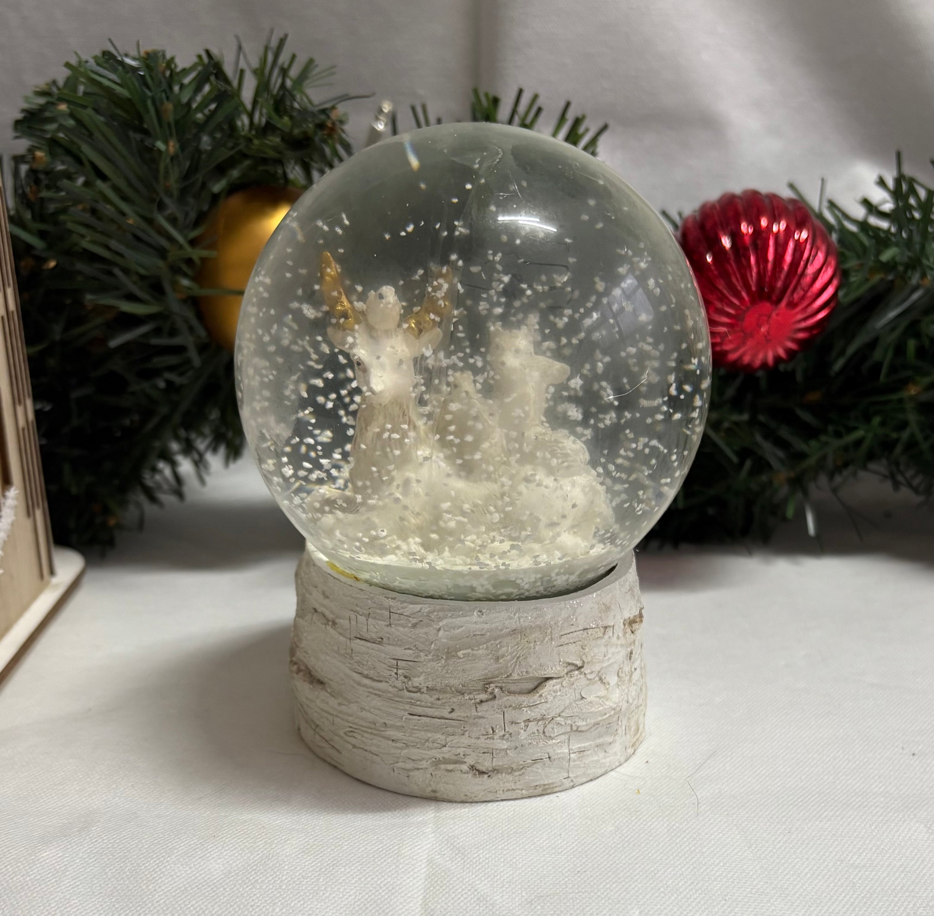 Beautiful Medium Sized Deer and Friends with Rustic Base Snow Globe