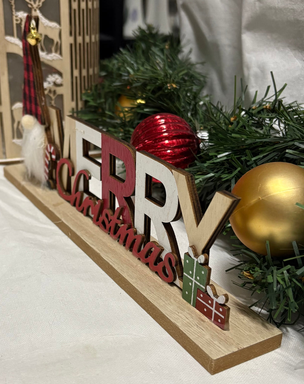 Merry Christmas Tartan Hat Gonk Wooden Sign