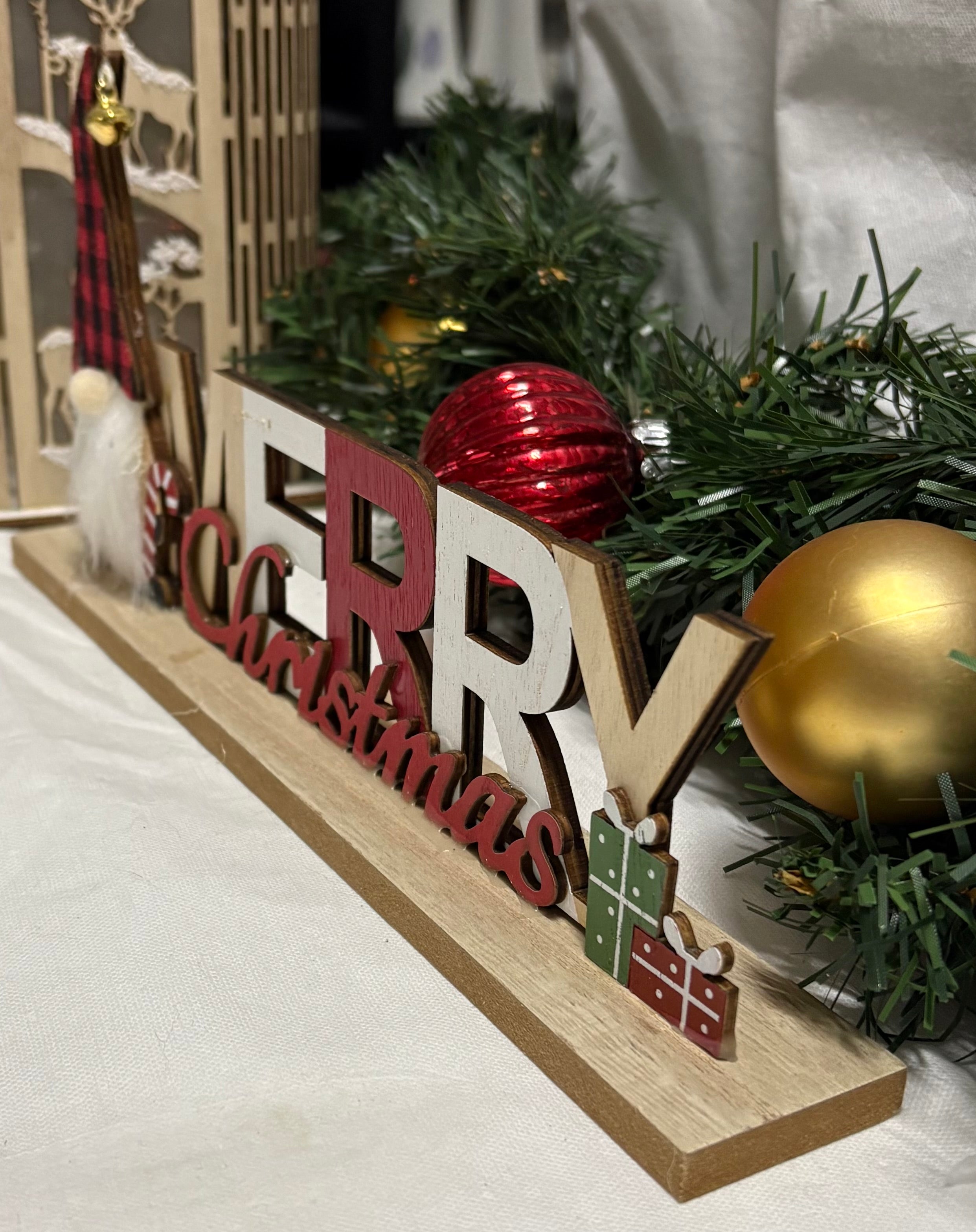 Merry Christmas Tartan Hat Gonk Wooden Sign