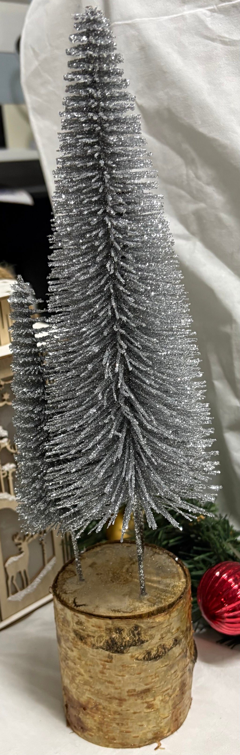 Silver Bottle Brush Tree Trio on Wooden Log Base