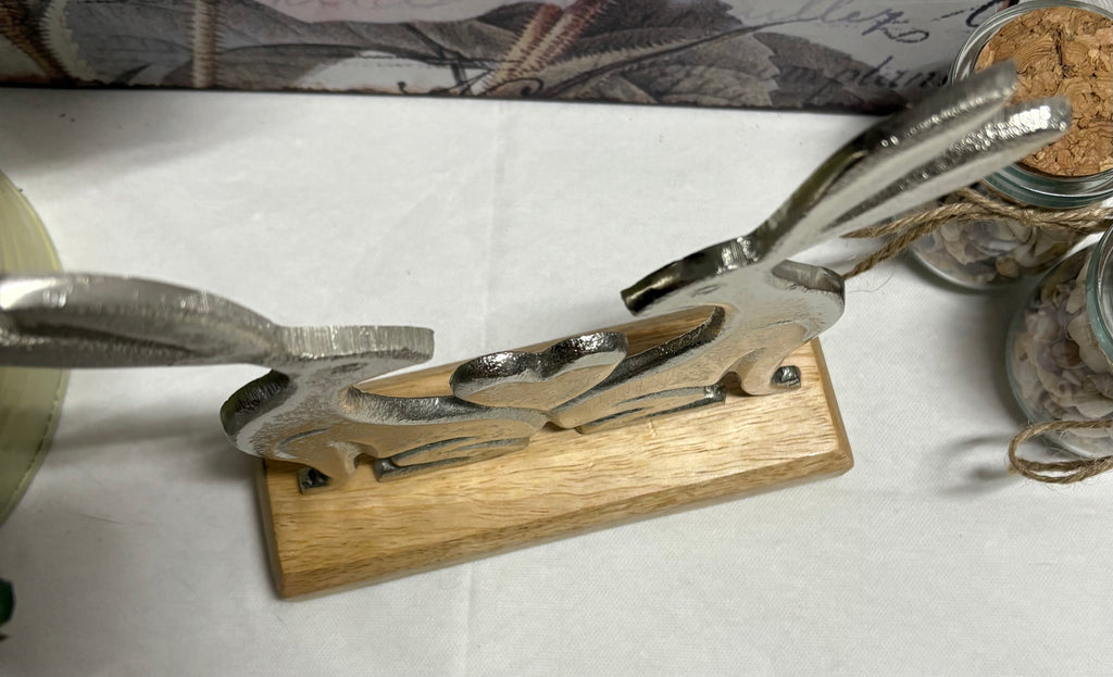 Pair of Metal Rabbits Hare Bunnies with Heart on Wooden Base Ornament - 2 Sizes