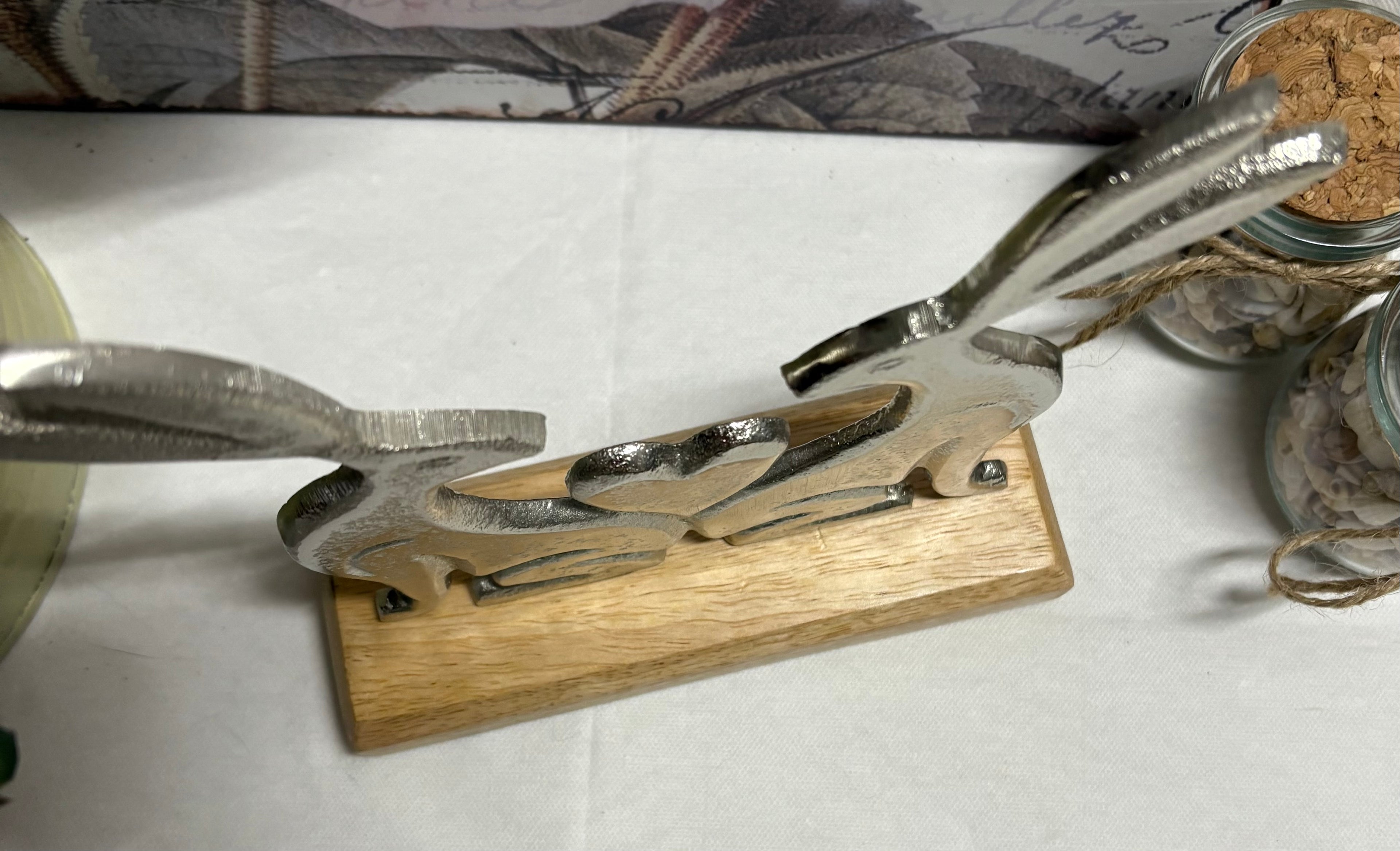 Pair of Metal Rabbits Hare Bunnies with Heart on Wooden Base Ornament - 2 Sizes