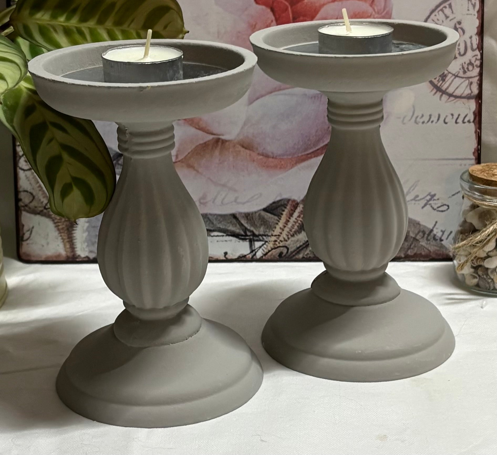 Pair of Ornate Chunky Grey T Light Holders