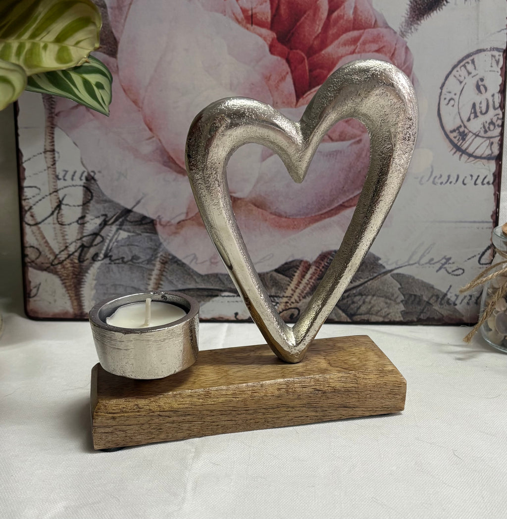 Metal Heart with T-Light Holder on Wooden Base, 17cm