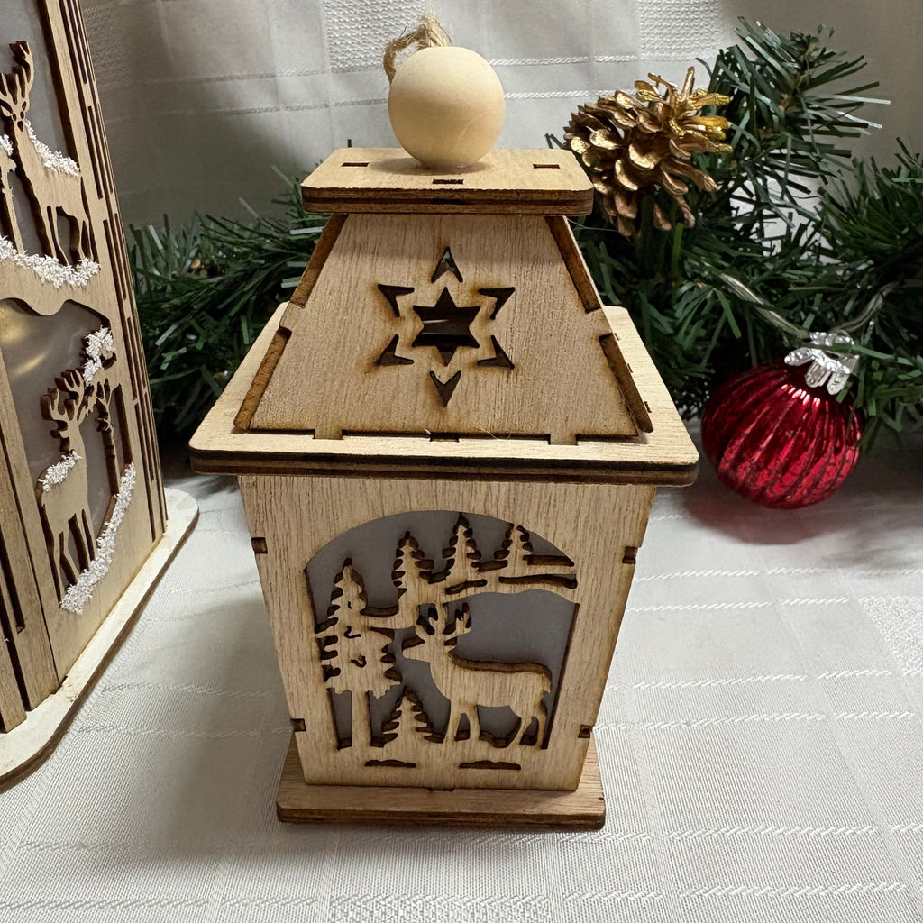 LED Light Up Hanging Wooden Lantern with Christmas Scene