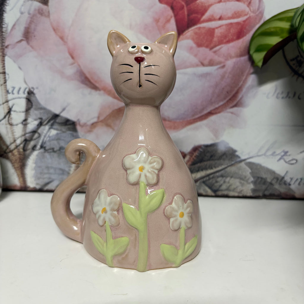 Pink Daisy Cat Ceramic Ornament - 13cm