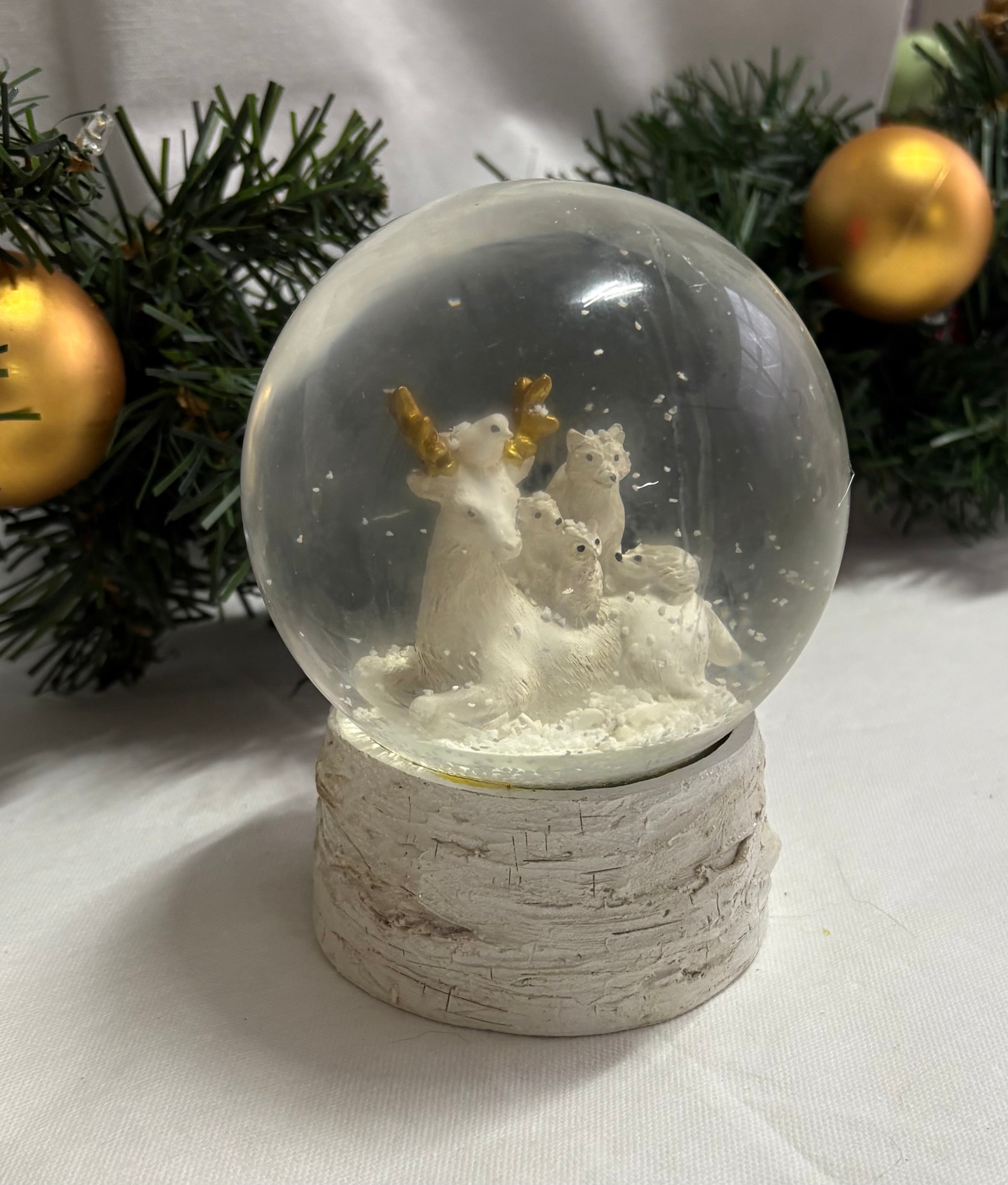 Beautiful Medium Sized Deer and Friends with Rustic Base Snow Globe