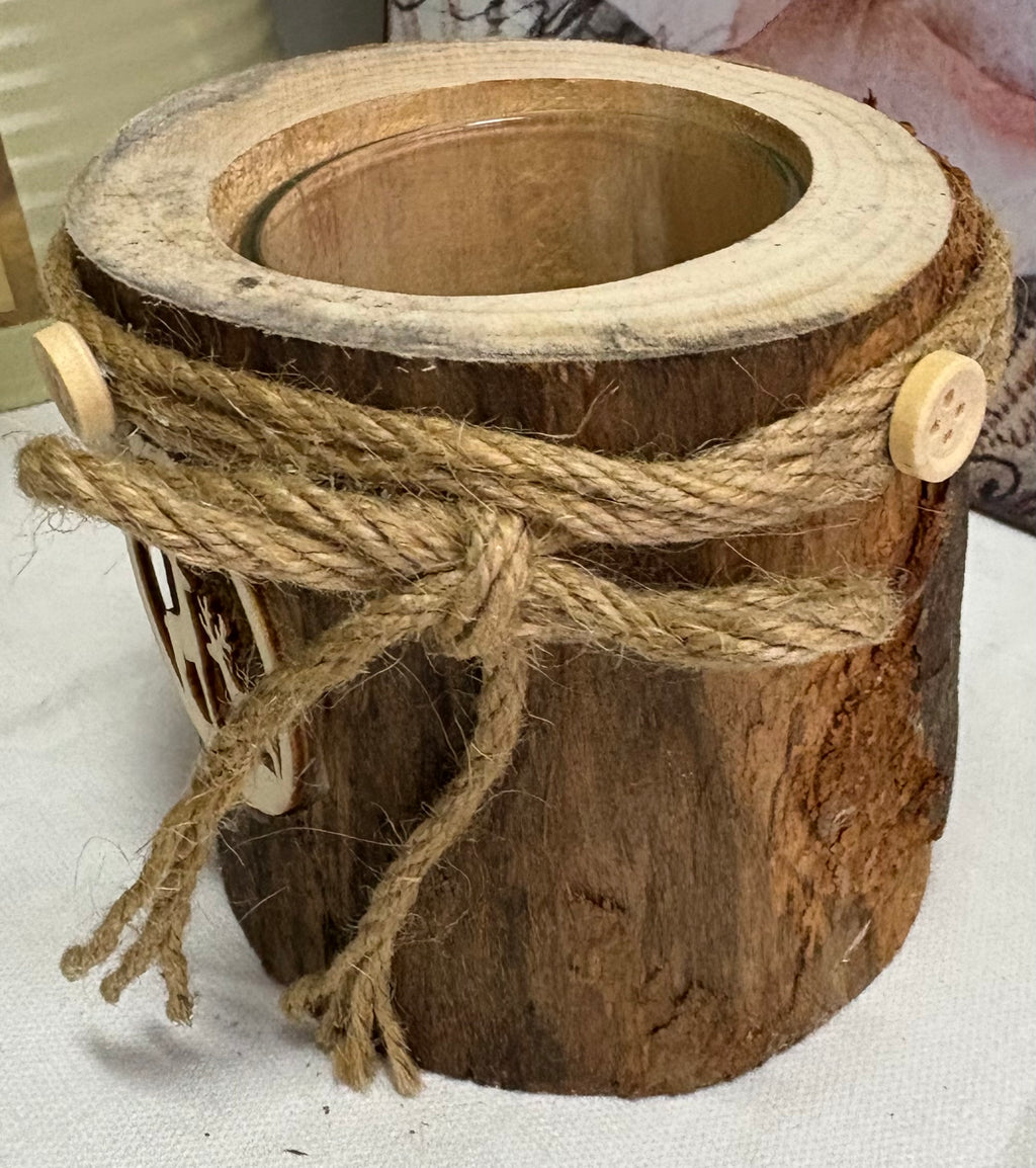 Bark Candle Holder with Deer or Cherub Cutout Design