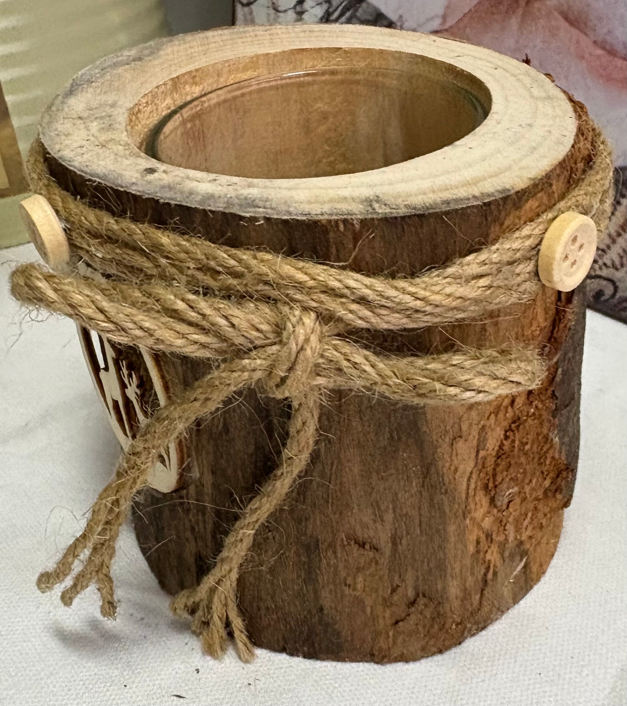 Bark Candle Holder with Deer or Cherub Cutout Design