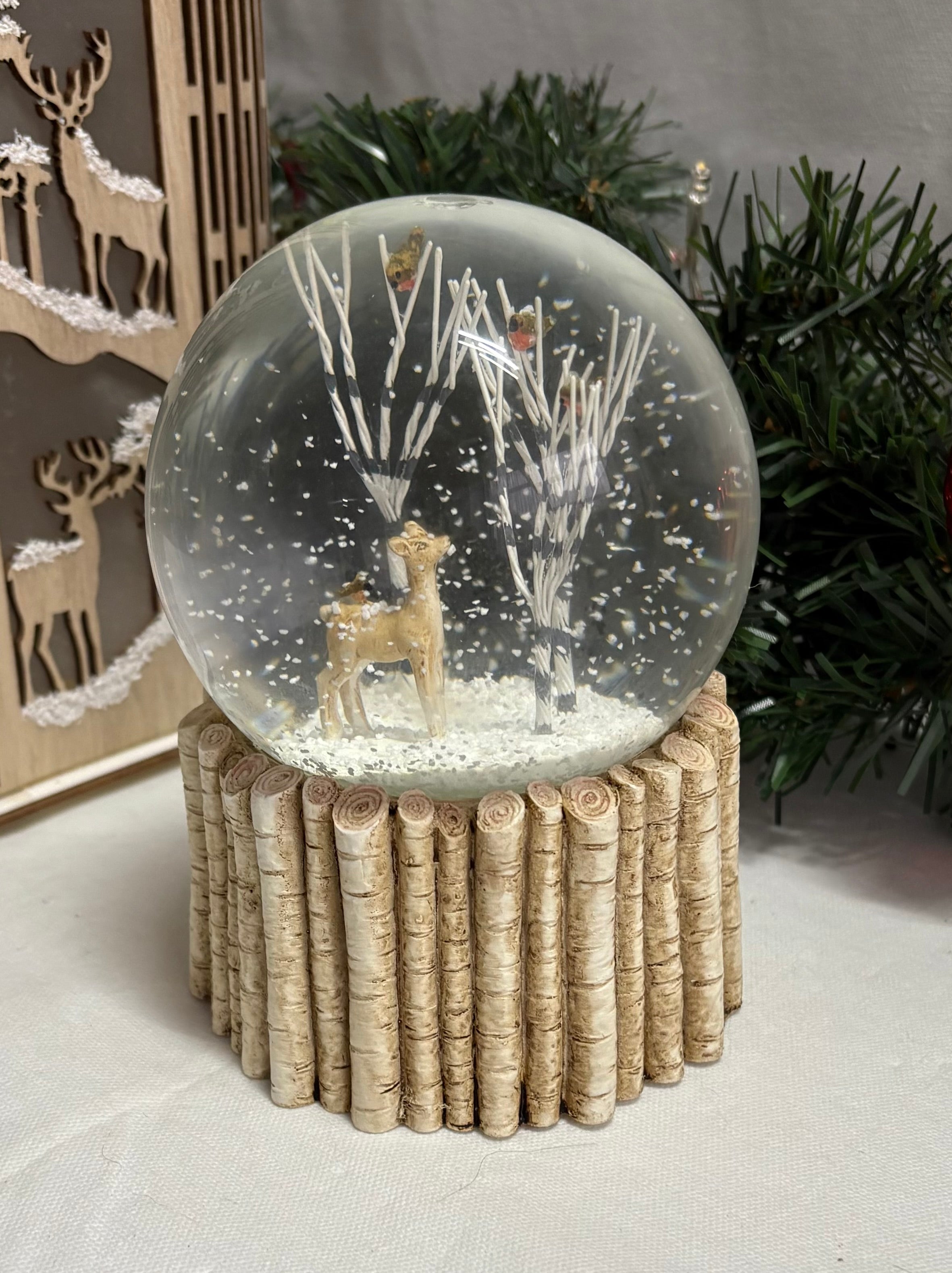 Beautiful Medium Sized Deer & Birds Wooden Base Snow Globe