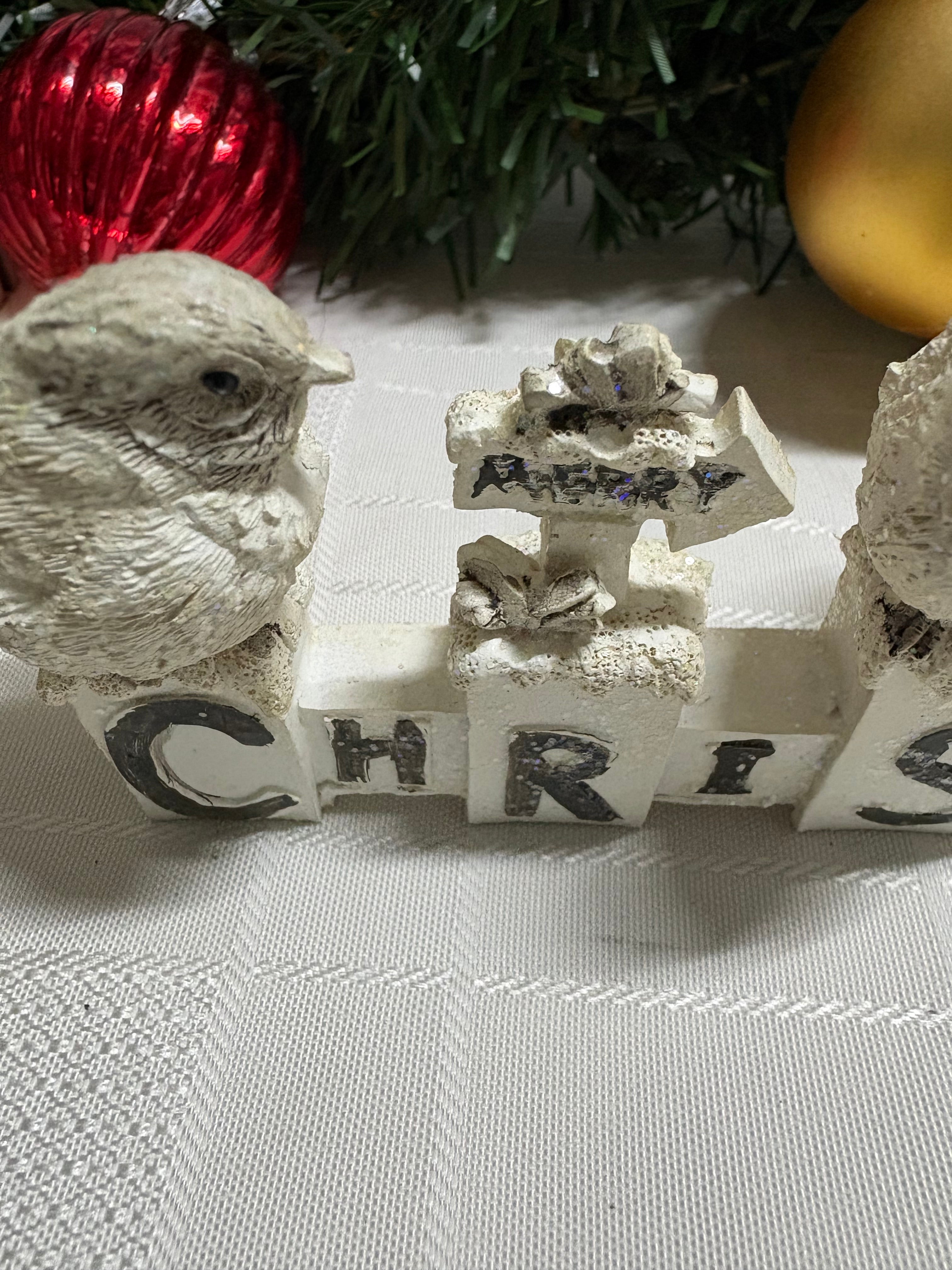 White Merry Christmas with Birds Resin Sign
