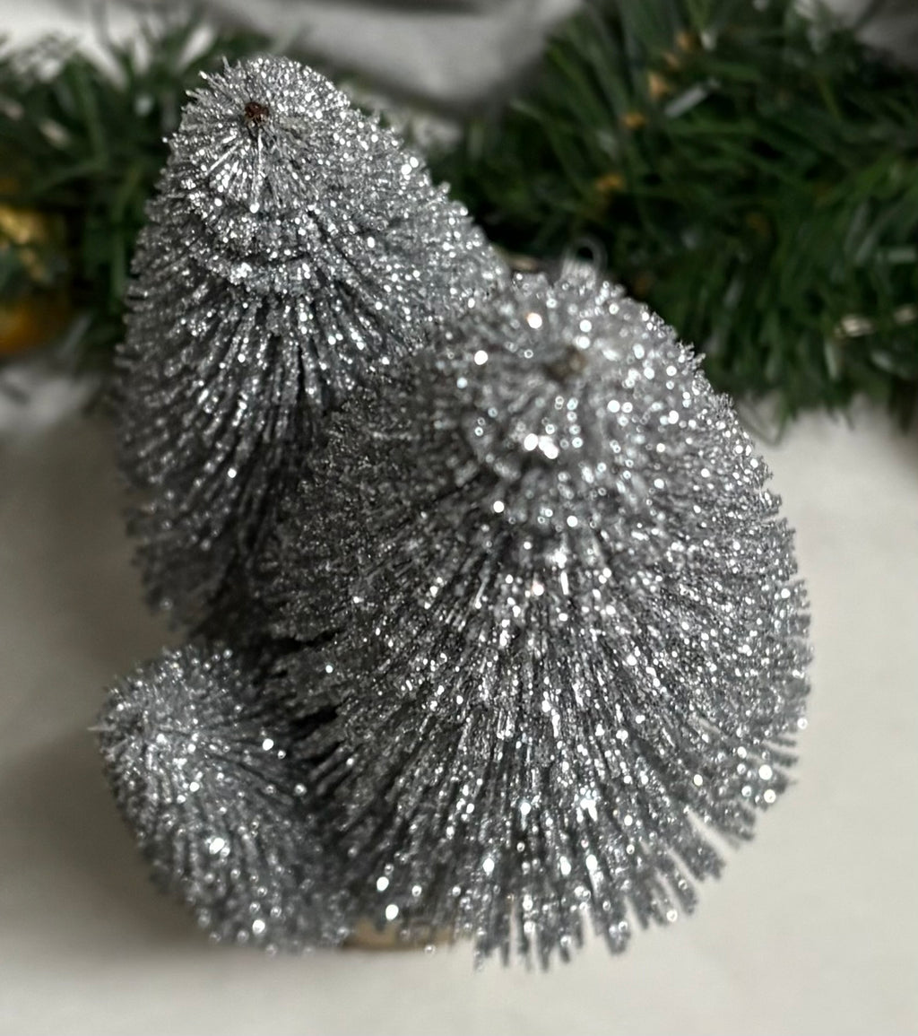 Silver Bottle Brush Tree Trio on Wooden Log Base