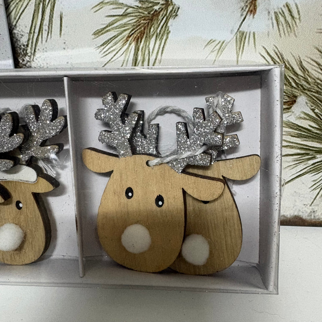 Set of 6 x Wooden Glitter Reindeer Christmas Tree Hanging Decorations