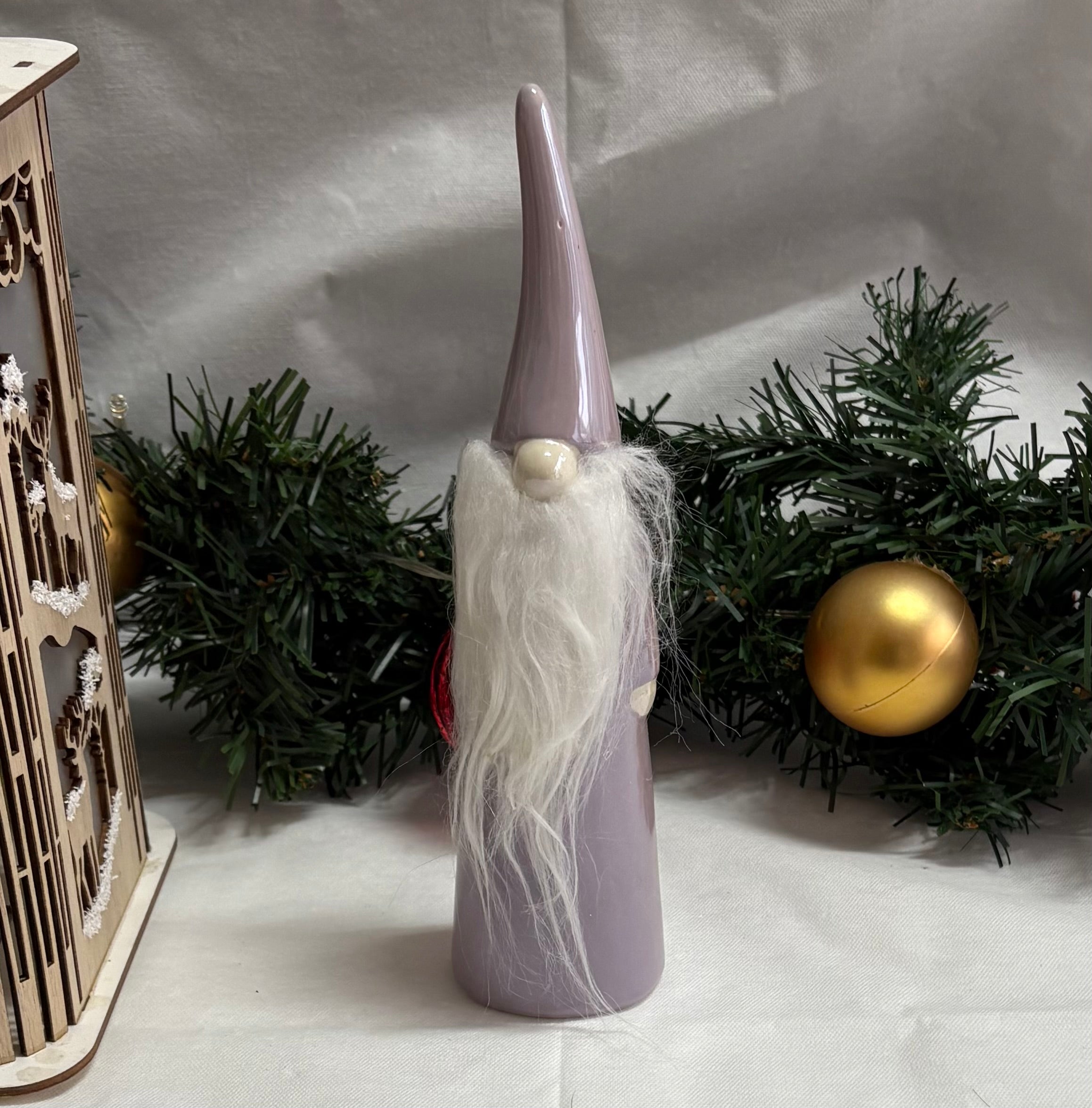 Lilac Ceramic Gonk - Elegant Christmas Decoration with White Fur Beard