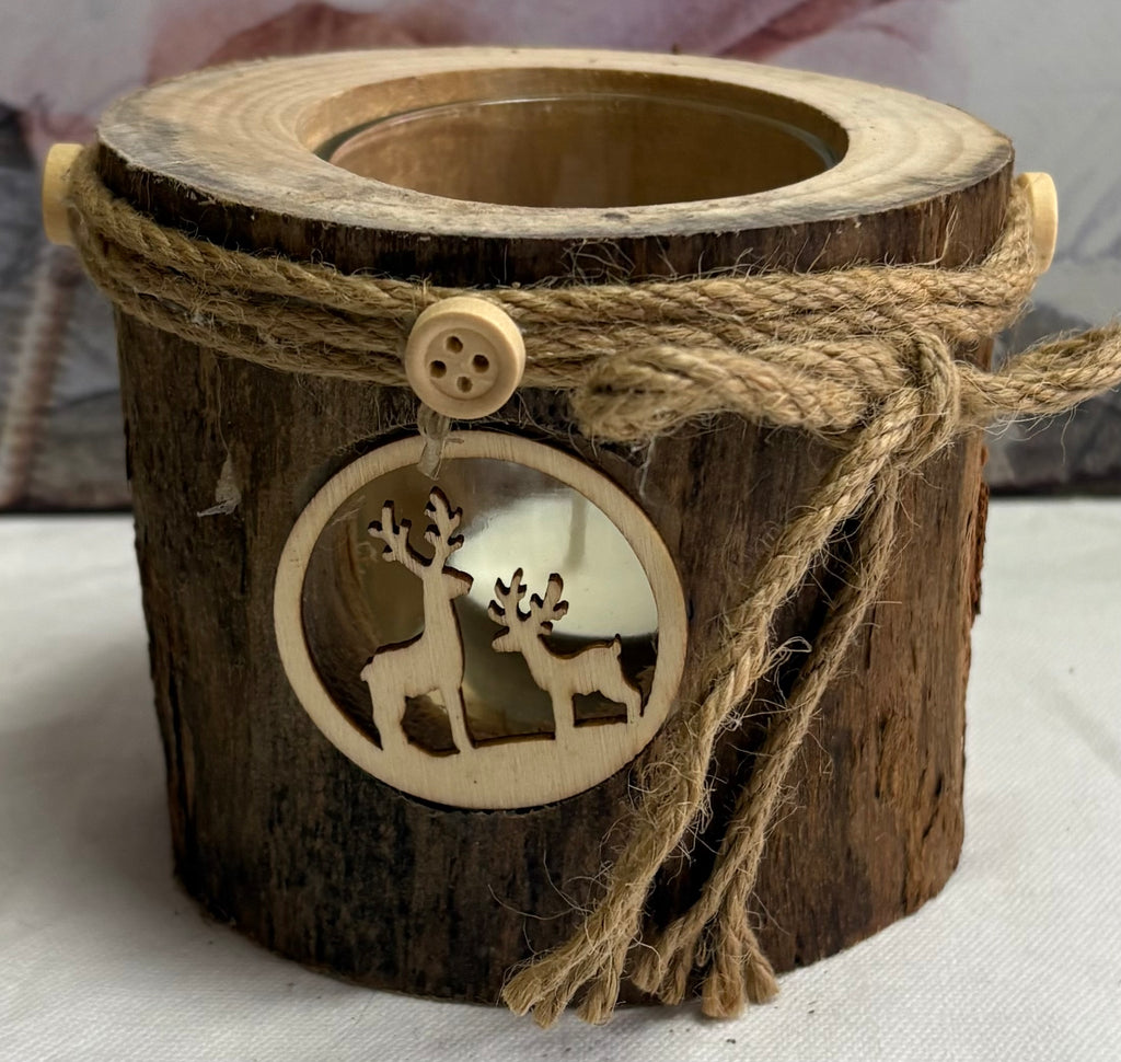 Bark Candle Holder with Deer or Cherub Cutout Design