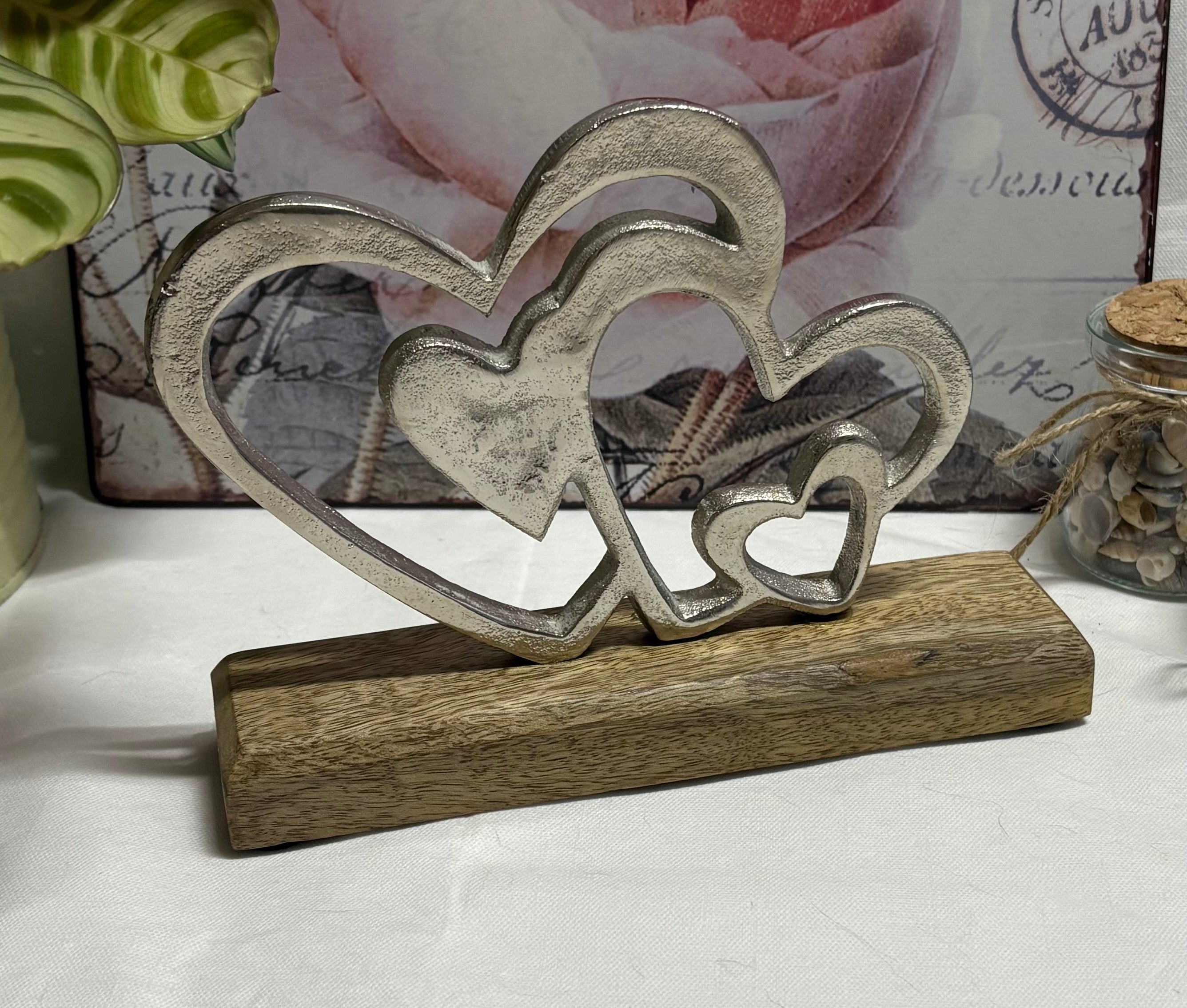 Aluminium Multi Graduated Heart Ornament On Block, 16cm